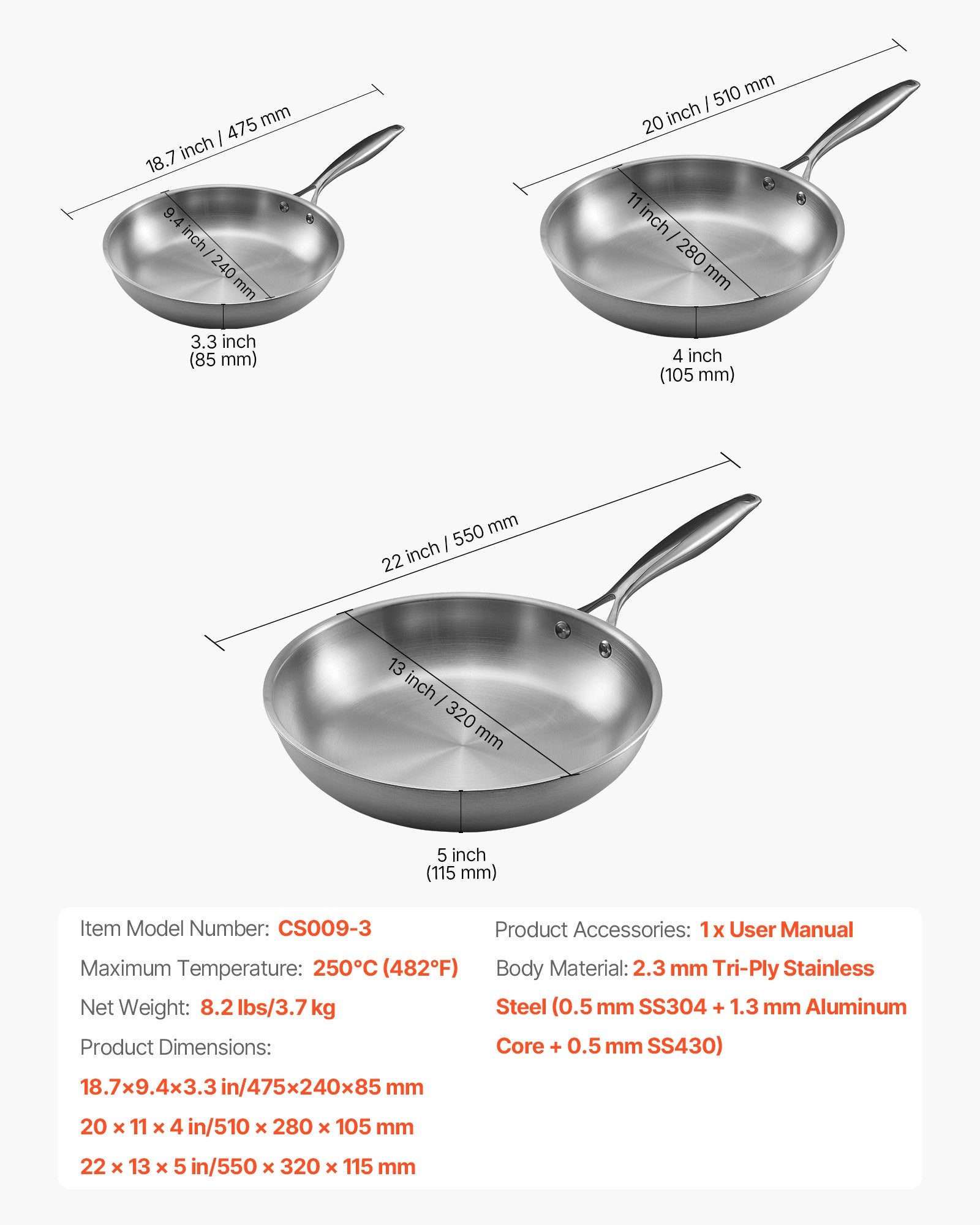 VEVOR Tri-Ply Stainless Steel Frying Pan, 3 Piece (240, 280, 320 mm), Cooking Skillet with Heat-Resistant Handle, Chef's Kitchen Cookware, Oven, Gas, Electric, Induction, Dishwasher Compatible, Silver 7