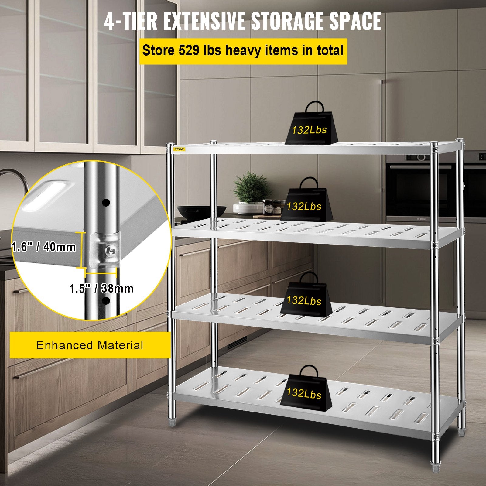 VEVOR Garage Shelf Heavy Duty Shelving 4-Tier 150x45x155cm Stainless Steel 3