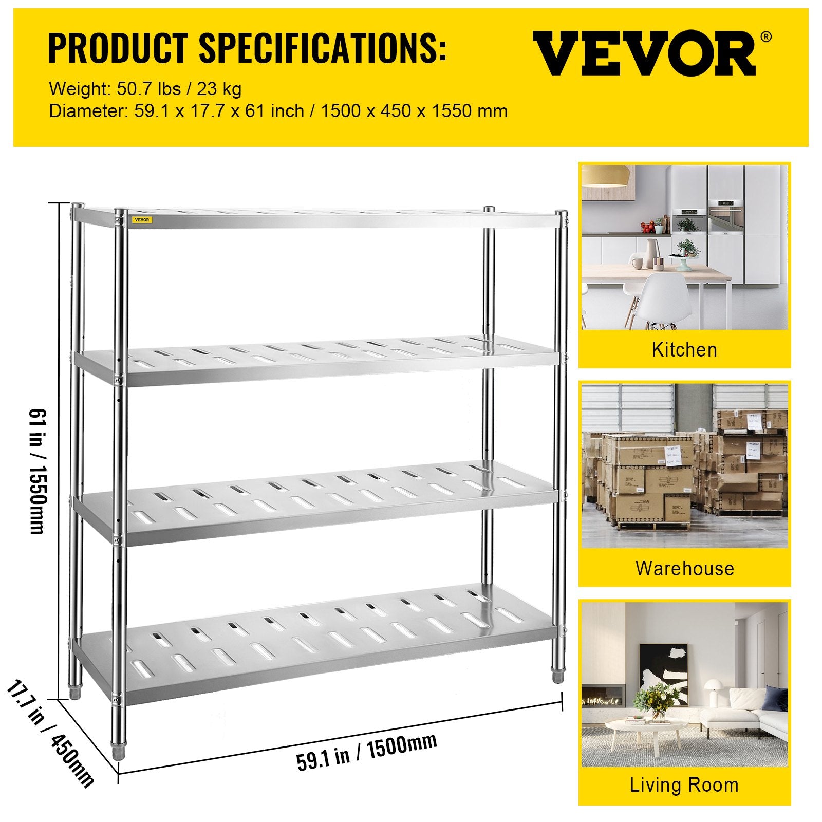 VEVOR Garage Shelf Heavy Duty Shelving 4-Tier 150x45x155cm Stainless Steel 7
