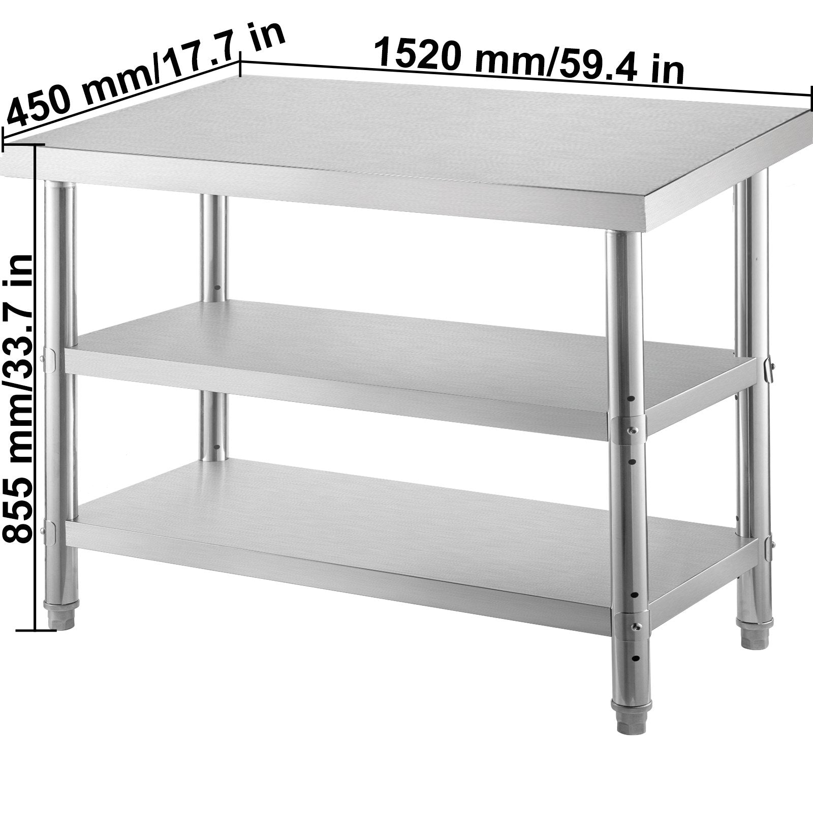 VEVOR Stainless Steel Prep Table, 1520x450x855 mm Commercial Stainless Steel Table, 2 Adjustable Undershelf BBQ Prep Table, Heavy Duty Kitchen Work Table, for Garage, Home, Warehouse, Kitchen Silver 8