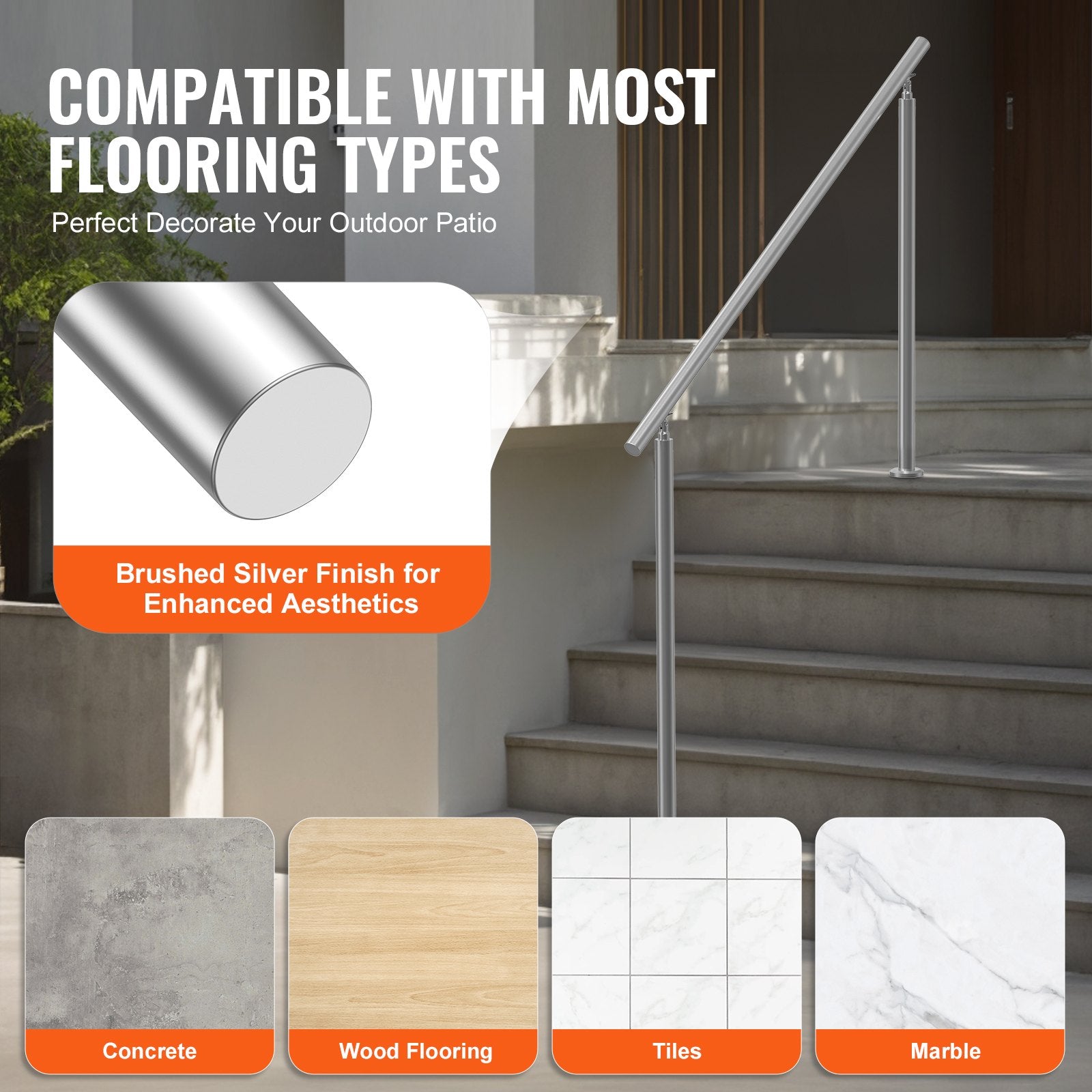 VEVOR Handrails for Outdoor Steps, 59 in/ 150cm Length Stair Hand Rail Kit, Transitional Stainless Steel Railings with Installation Kit, Double-column Staircase Handrails for Seniors,Porch & Deck 5