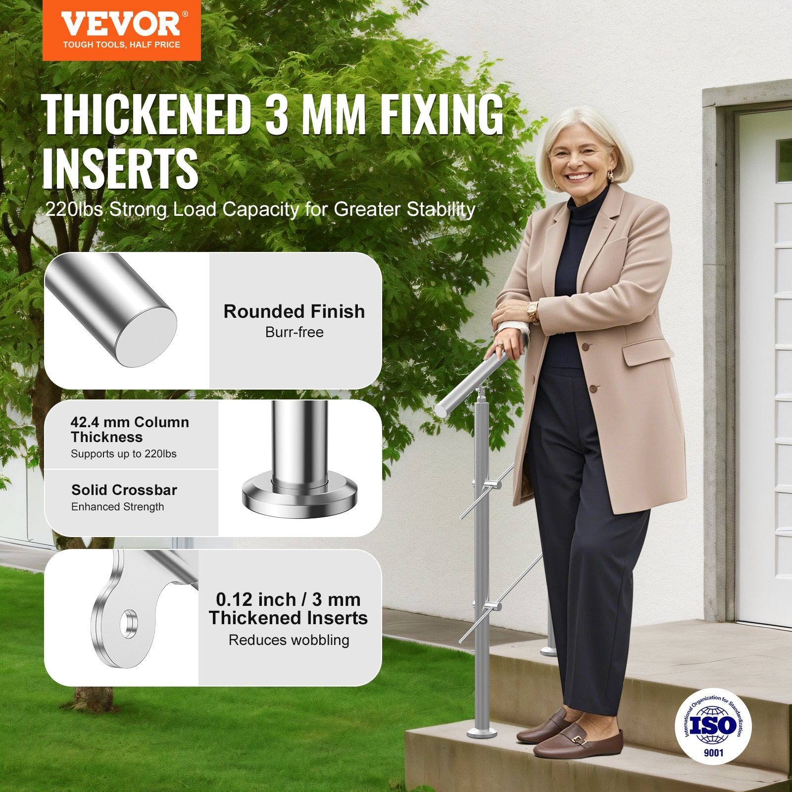 VEVOR Handrails for Outdoor Steps, 31.5in Length 2 Crossbars Stair Hand Rail Kit, Transitional Stainless Steel Railings w/ Installation Kit, Double-column Staircase Handrails for Seniors,Porch & Deck