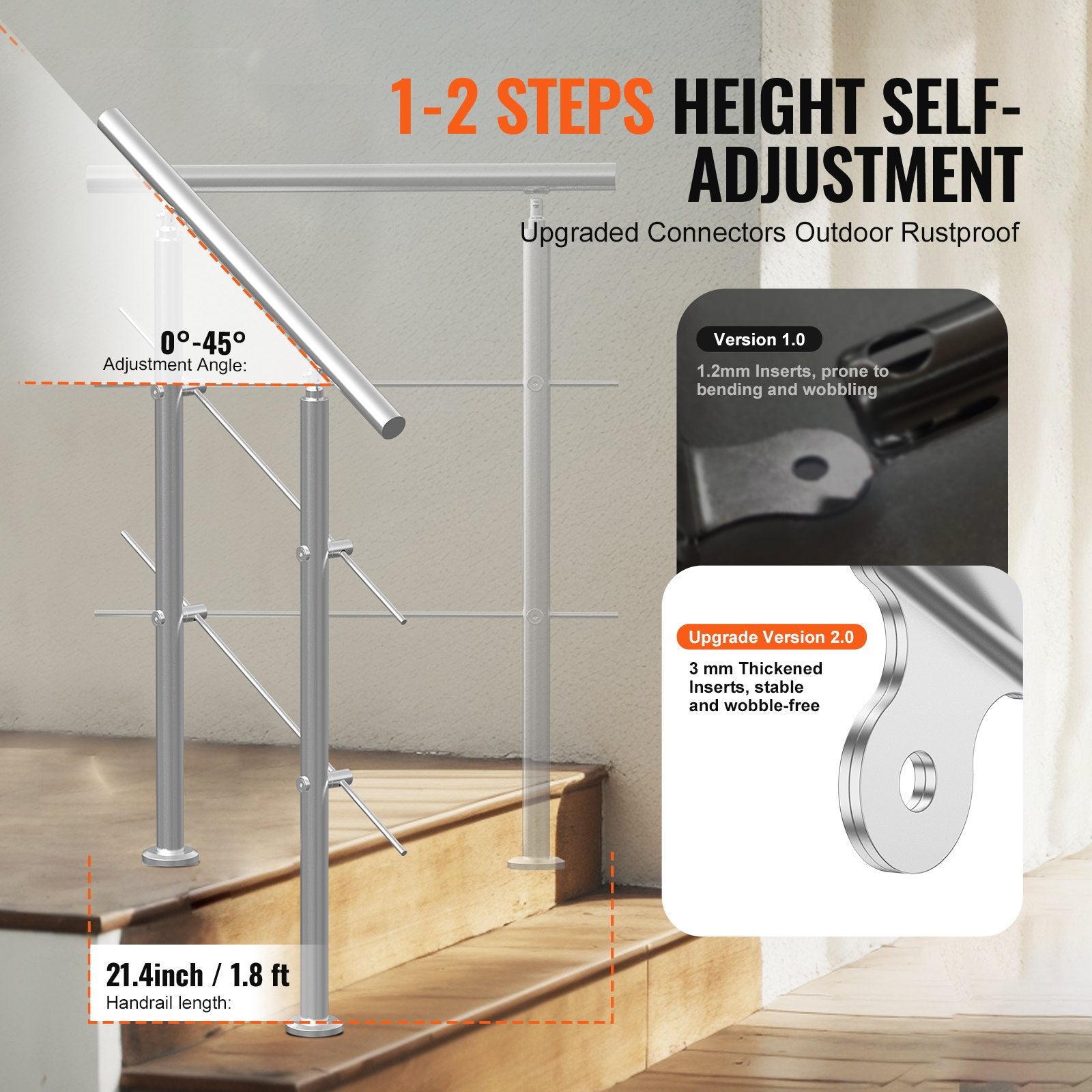 VEVOR Handrails for Outdoor Steps, 31.5in Length 2 Crossbars Stair Hand Rail Kit, Transitional Stainless Steel Railings w/ Installation Kit, Double-column Staircase Handrails for Seniors,Porch & Deck 3