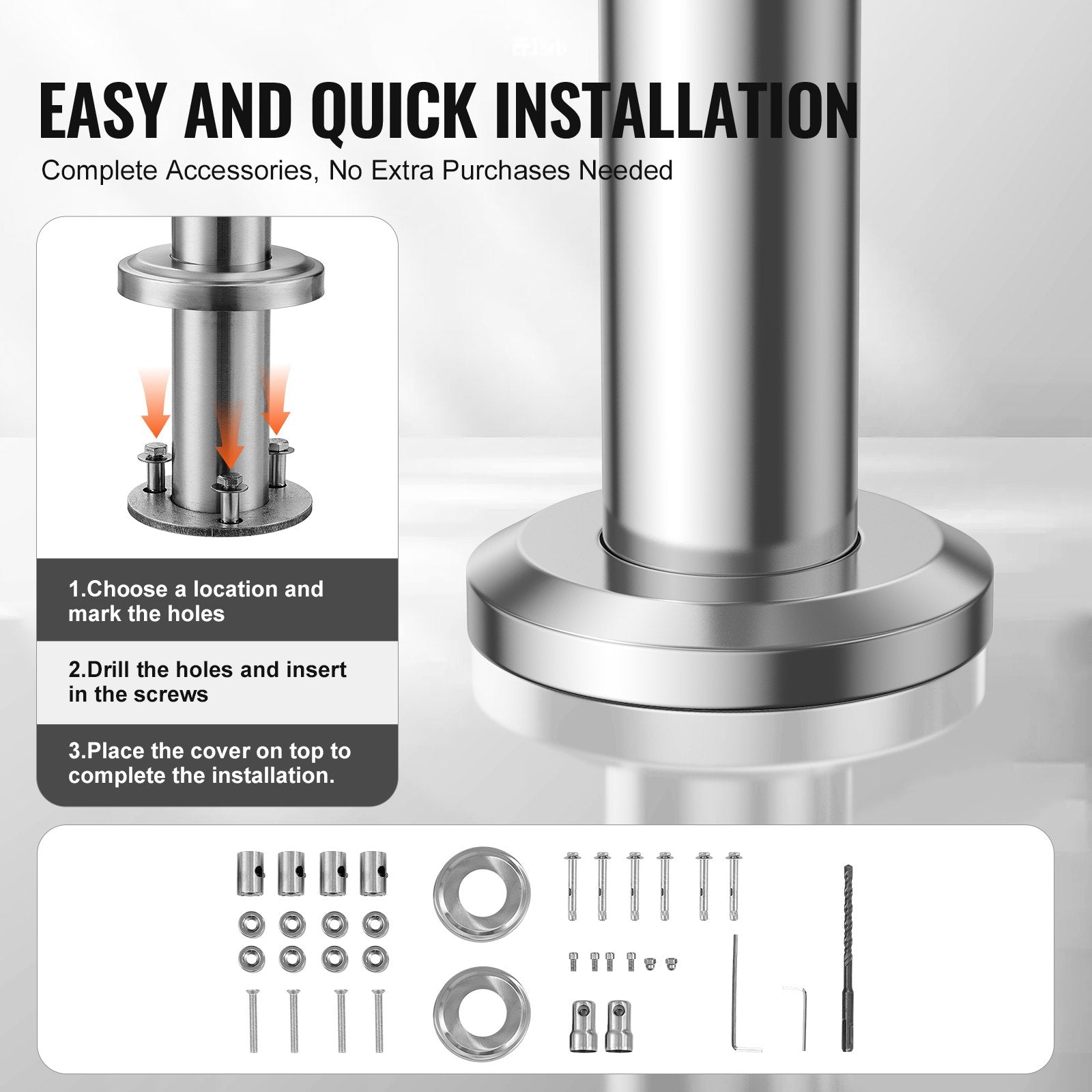 VEVOR Handrails for Outdoor Steps, 31.5in Length 2 Crossbars Stair Hand Rail Kit, Transitional Stainless Steel Railings w/ Installation Kit, Double-column Staircase Handrails for Seniors,Porch & Deck 4