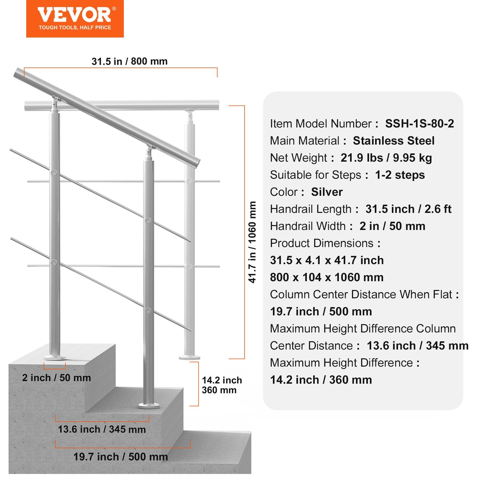 VEVOR Handrails for Outdoor Steps, 31.5in Length 2 Crossbars Stair Hand Rail Kit, Transitional Stainless Steel Railings w/ Installation Kit, Double-column Staircase Handrails for Seniors,Porch & Deck 7