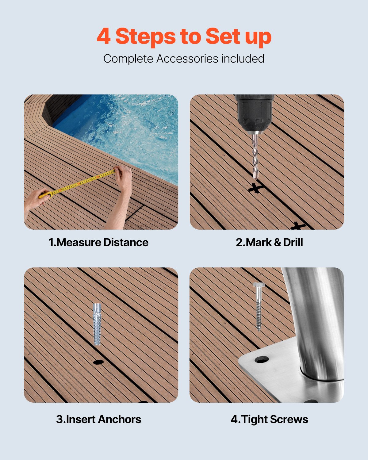 VEVOR Pool Handrail, 30" x 30" Swimming Pool Stair Rail, 2 PCs Stainless Steel Stair Pool Hand Rail Rated 375lbs Load Capacity, Pool Rail with Quick Mount Base Plate, and Complete Mounting Accessories 5