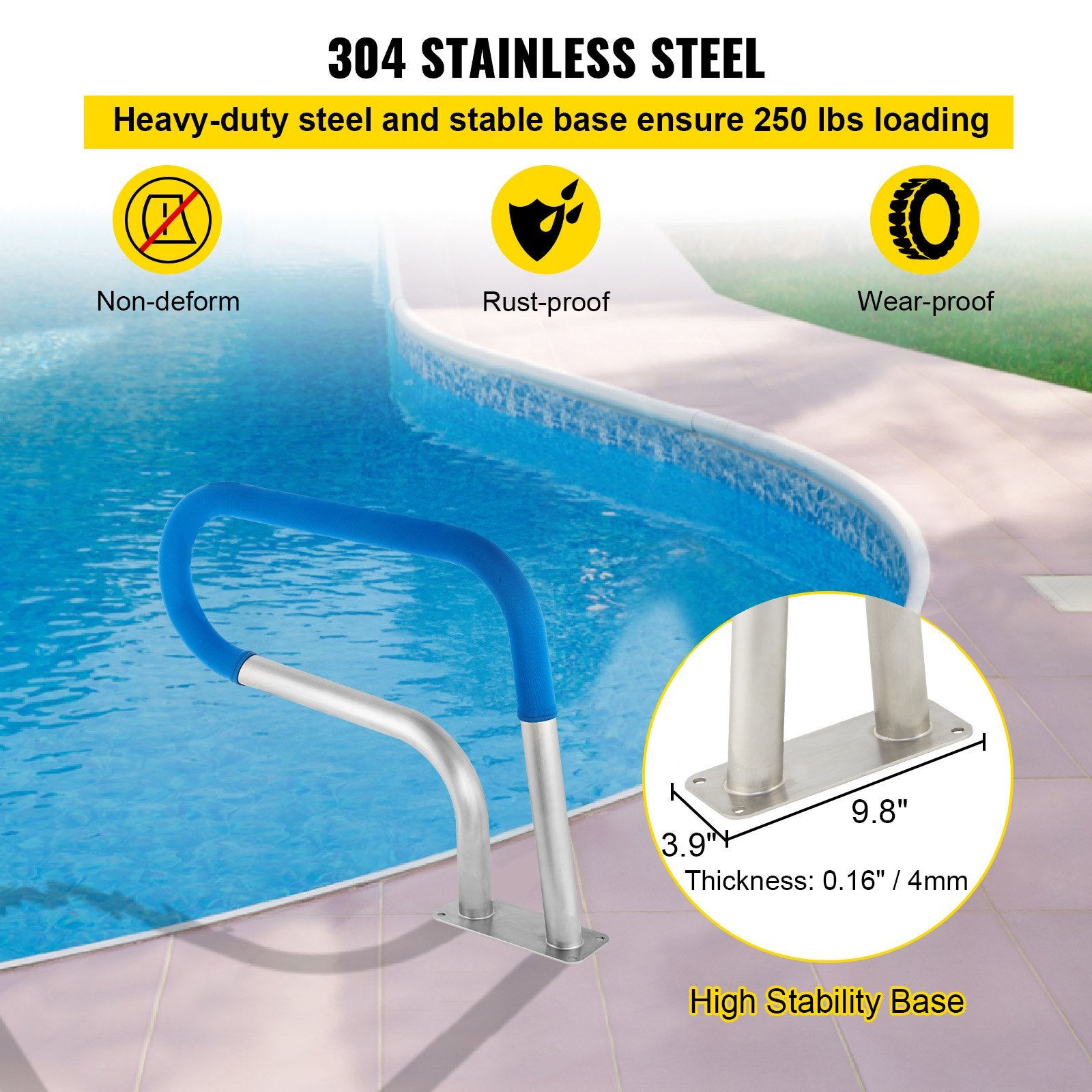 VEVOR Pool Rail 30x22 Pool Railing 304 Stainless Steel 250LBS Load Capacity Silver Rustproof Pool Handrail Humanized Swimming Pool Handrail with Blue Grip Cover & M8 Drill Bit & Self-Taping Screws 4