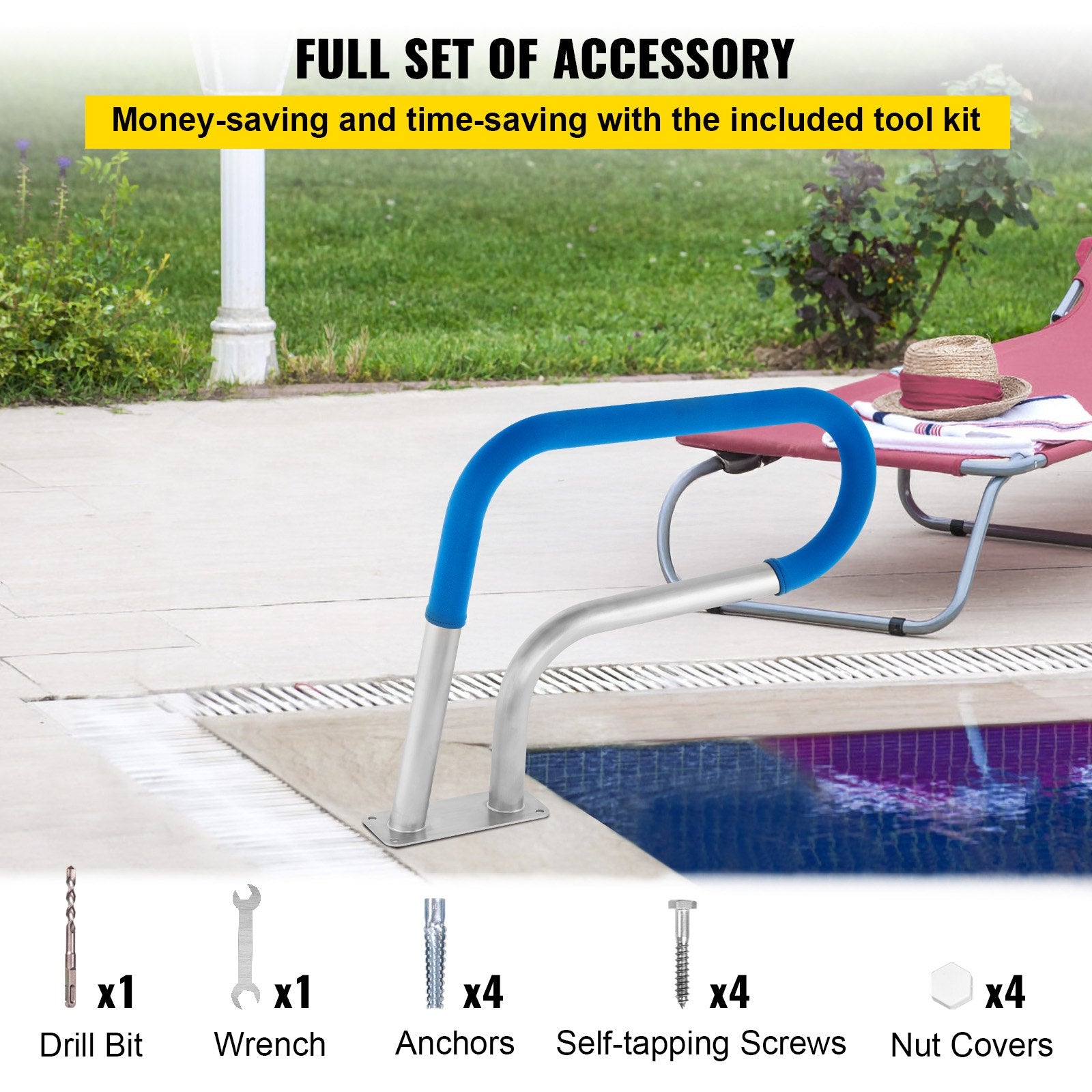 VEVOR Pool Rail 30x22 Pool Railing 304 Stainless Steel 250LBS Load Capacity Silver Rustproof Pool Handrail Humanized Swimming Pool Handrail with Blue Grip Cover & M8 Drill Bit & Self-Taping Screws 6