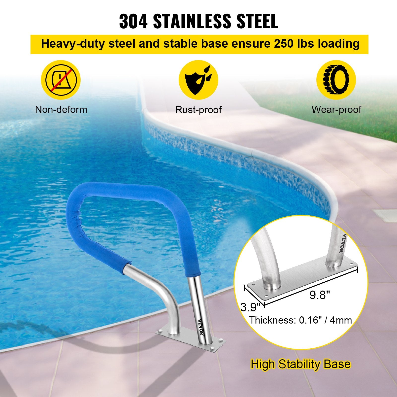 VEVOR Pool Rail 32x23 Pool Railing 304 Stainless Steel 250LBS Load Capacity Silver Rustproof Pool Handrail Humanized Swimming Pool Handrail with Blue Grip Cover & M8 Drill Bit & Self-Taping Screws 4