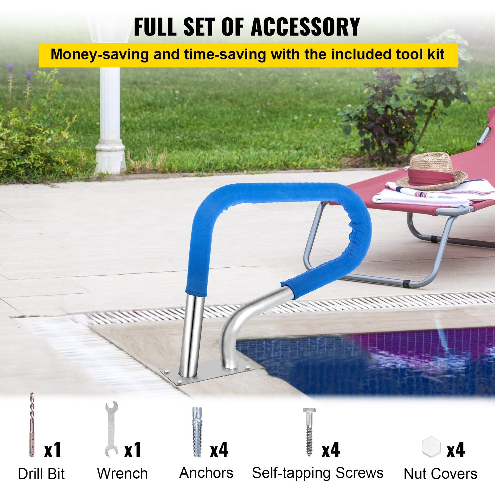 VEVOR Pool Rail 32x23 Pool Railing 304 Stainless Steel 250LBS Load Capacity Silver Rustproof Pool Handrail Humanized Swimming Pool Handrail with Blue Grip Cover & M8 Drill Bit & Self-Taping Screws 6