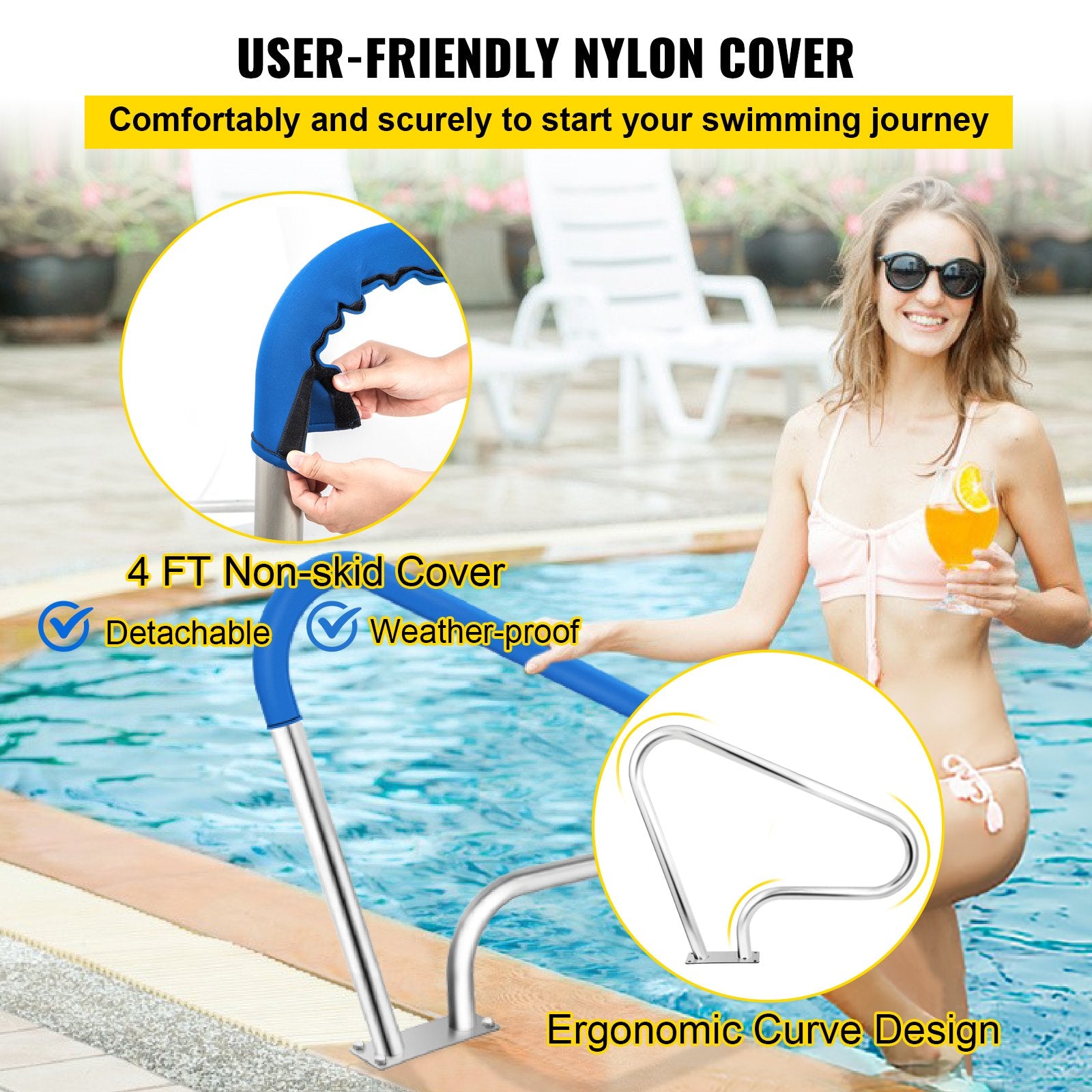 VEVOR Pool Rail 39x32 Pool Railing 304 Stainless Steel 250LBS Load Capacity Silver Rustproof Pool Handrail Humanized Swimming Pool Handrail with Blue Grip Cover & M8 Drill Bit & Self-Taping Screws 3