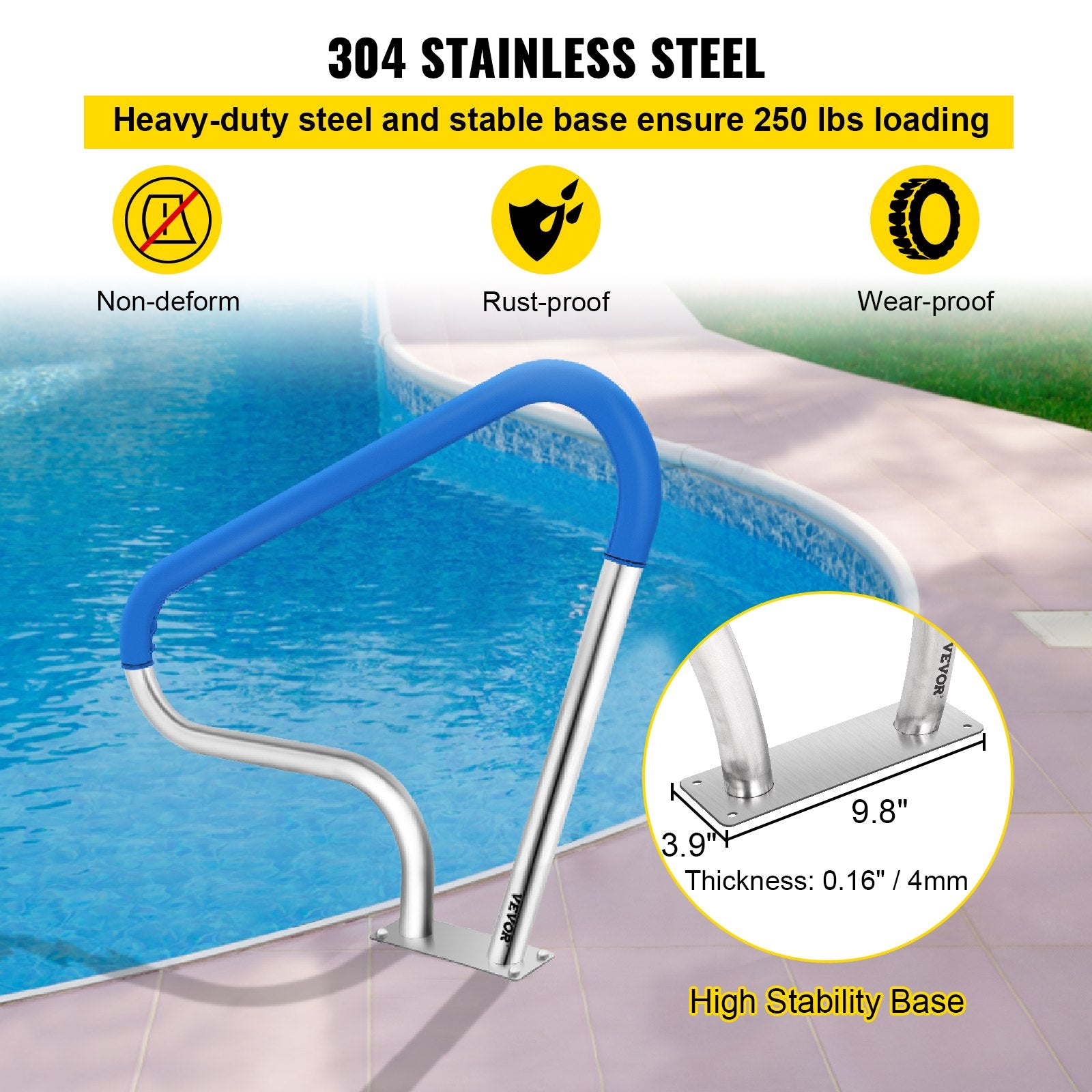 VEVOR Pool Rail 39x32 Pool Railing 304 Stainless Steel 250LBS Load Capacity Silver Rustproof Pool Handrail Humanized Swimming Pool Handrail with Blue Grip Cover & M8 Drill Bit & Self-Taping Screws 4