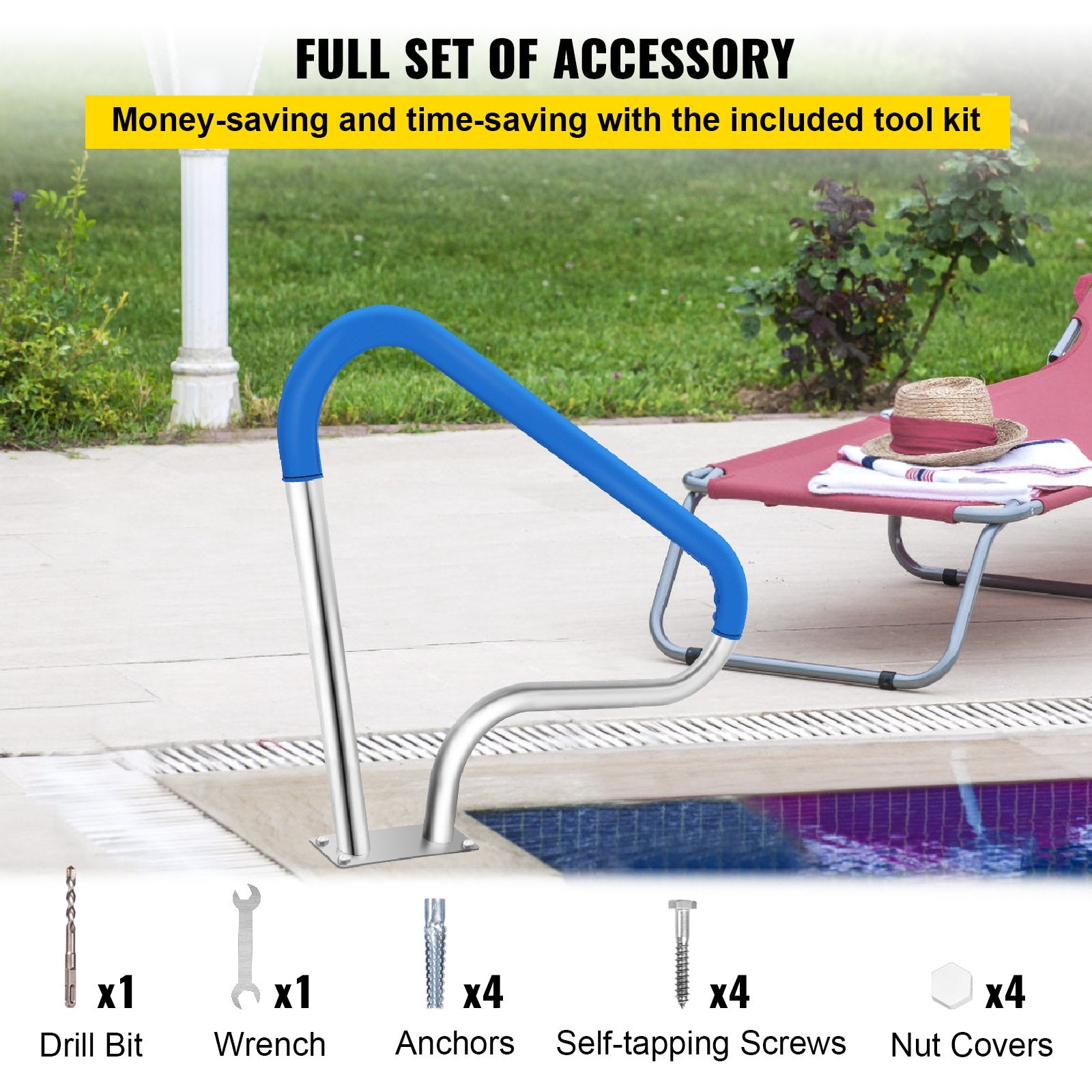 VEVOR Pool Rail 39x32 Pool Railing 304 Stainless Steel 250LBS Load Capacity Silver Rustproof Pool Handrail Humanized Swimming Pool Handrail with Blue Grip Cover & M8 Drill Bit & Self-Taping Screws 6