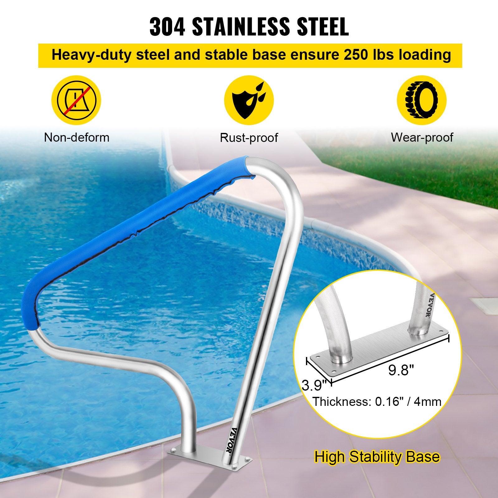 VEVOR Pool Rail 48x36 Pool Railing 304 Stainless Steel 250LBS Load Capacity Silver Rustproof Pool Handrail Humanized Swimming Pool Handrail with Blue Grip Cover & M8 Drill Bit & Self-Taping Screws 4