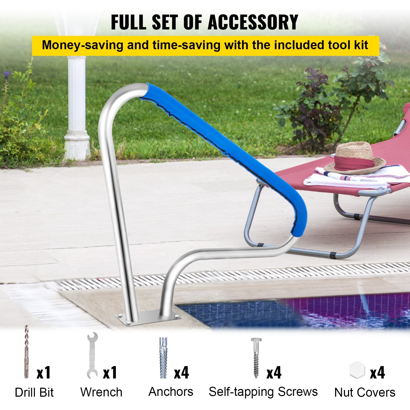 VEVOR Pool Rail 48x36 Pool Railing 304 Stainless Steel 250LBS Load Capacity Silver Rustproof Pool Handrail Humanized Swimming Pool Handrail with Blue Grip Cover & M8 Drill Bit & Self-Taping Screws 6