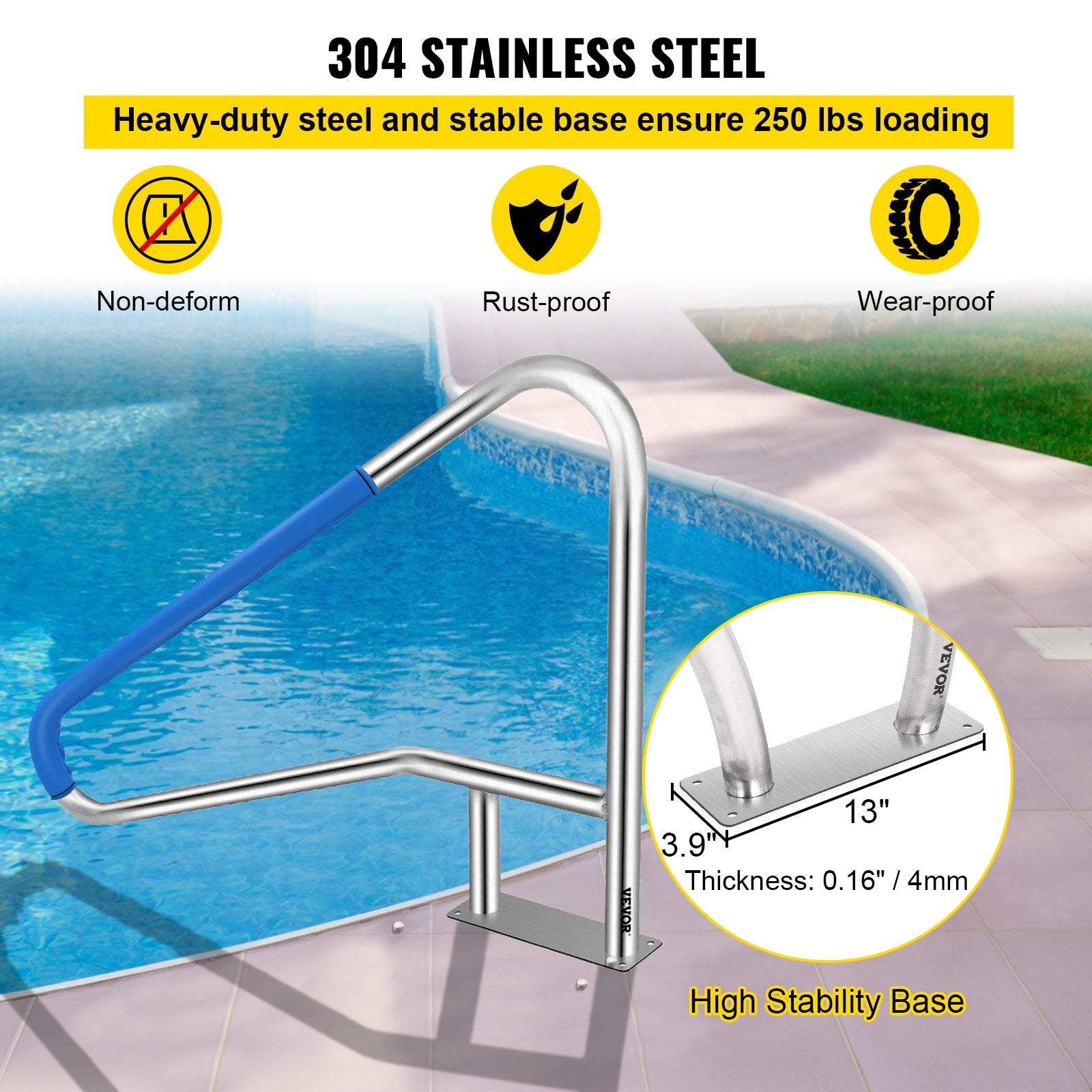 VEVOR Pool Rail 55x32 Pool Railing 304 Stainless Steel 250LBS Load Capacity Silver Rustproof Pool Handrail Humanized Swimming Pool Handrail with Blue Grip Cover & M8 Drill Bit & Self-Taping Screws 4