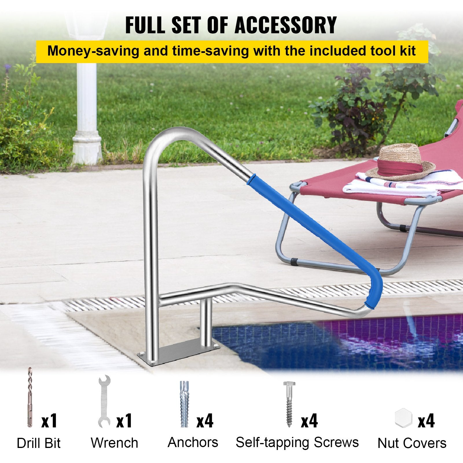 VEVOR Pool Rail 55x32 Pool Railing 304 Stainless Steel 250LBS Load Capacity Silver Rustproof Pool Handrail Humanized Swimming Pool Handrail with Blue Grip Cover & M8 Drill Bit & Self-Taping Screws 6