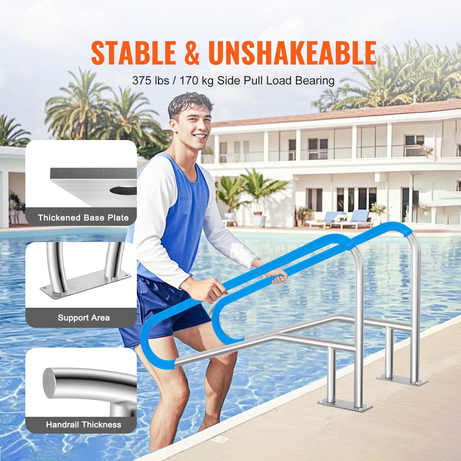 VEVOR Pool Handrail 54 x 36 inch Stainless Steel with Base Plate for Spas 3