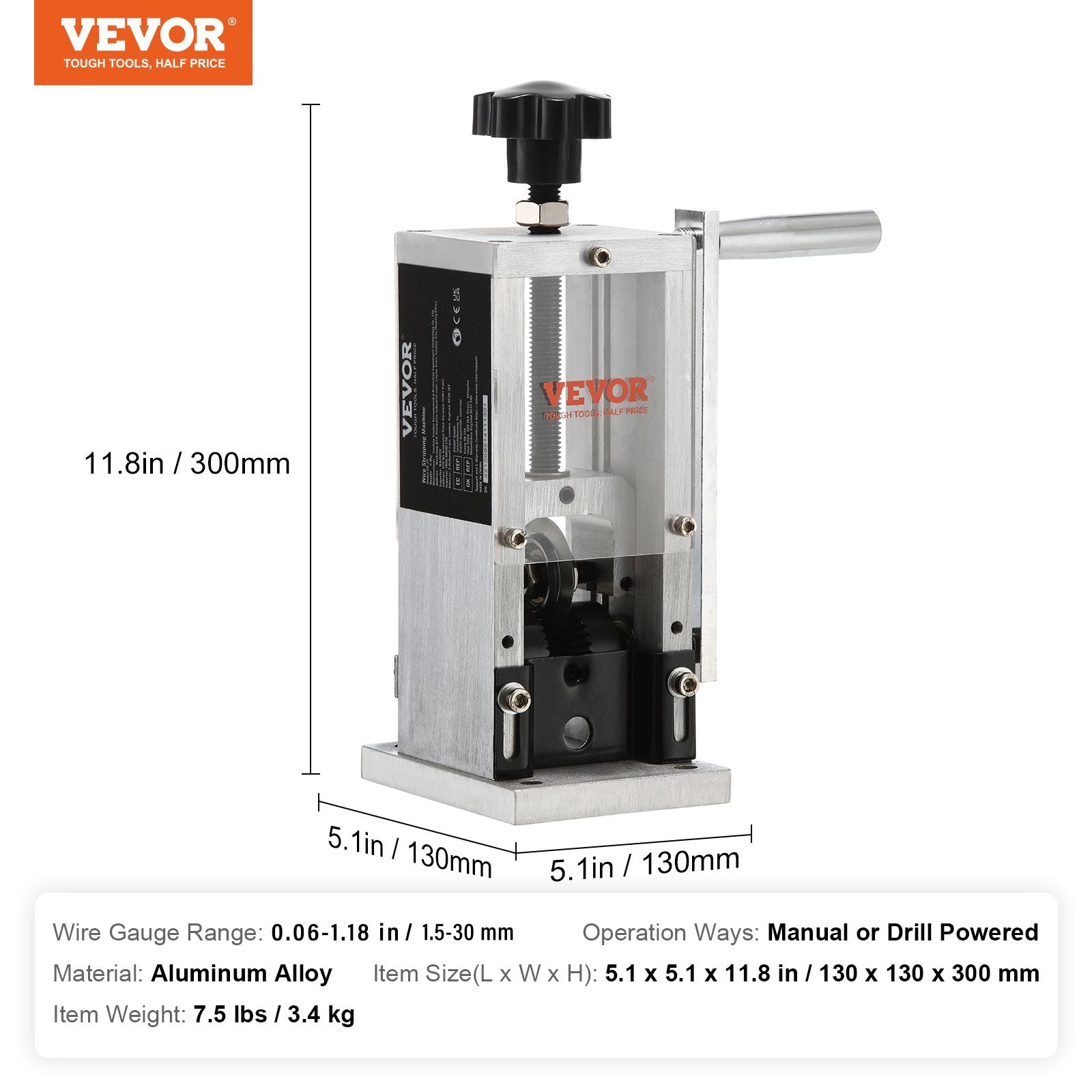 VEVOR Manual Wire Stripping Machine, 0.06''-0.98'' Copper Stripper with Hand Crank or Drill Powered, Visible Stripping Depth Reference, Portable Aluminum Frame Wire Peeler for Scrap Copper Recycling 7