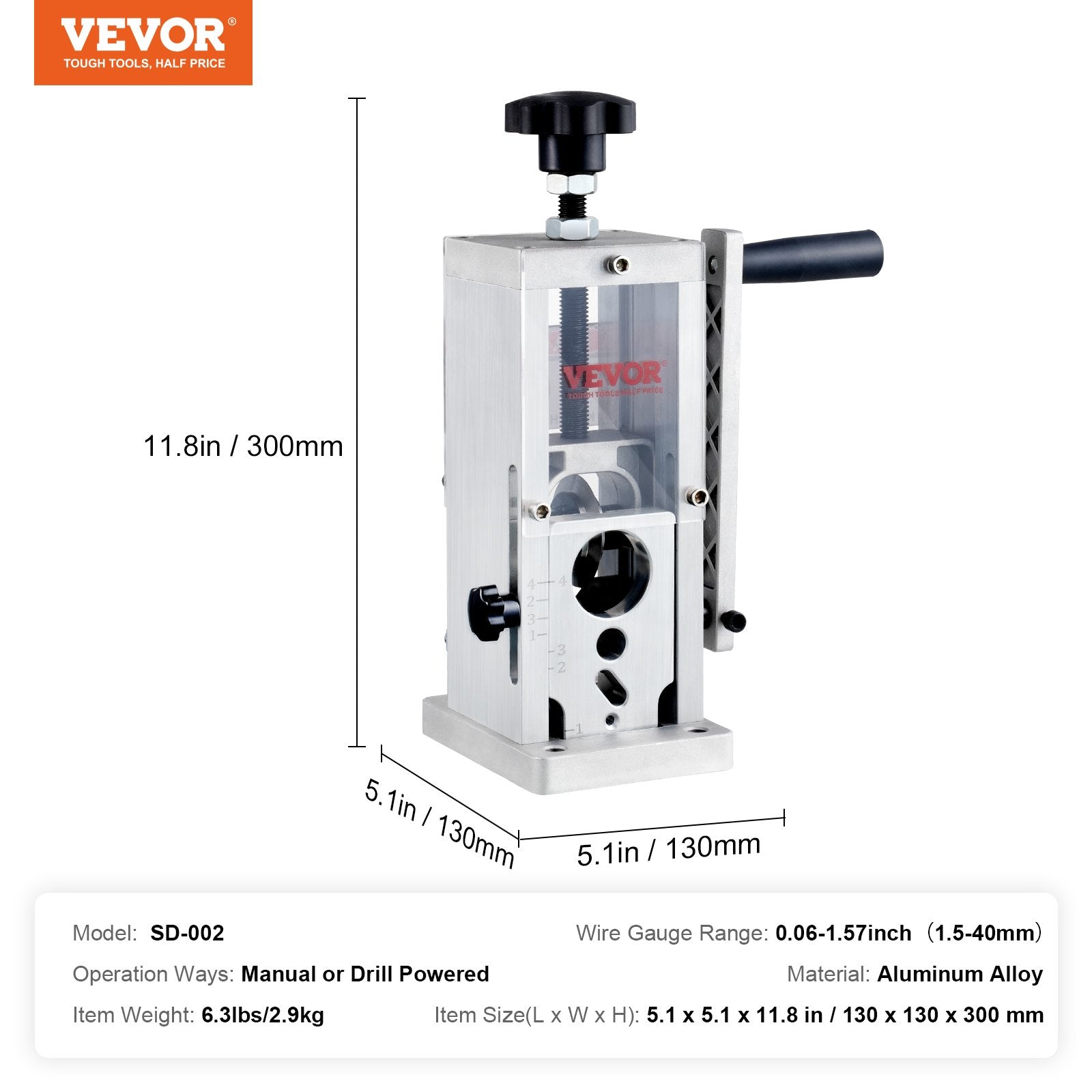 VEVOR Manual Wire Stripping Machine, 0.06''-1.5'' Copper Stripper with Hand Crank or Drill Powered, Visible Stripping Depth Reference, Portable Aluminum Frame Wire Peeler for Scrap Copper Recycling 7