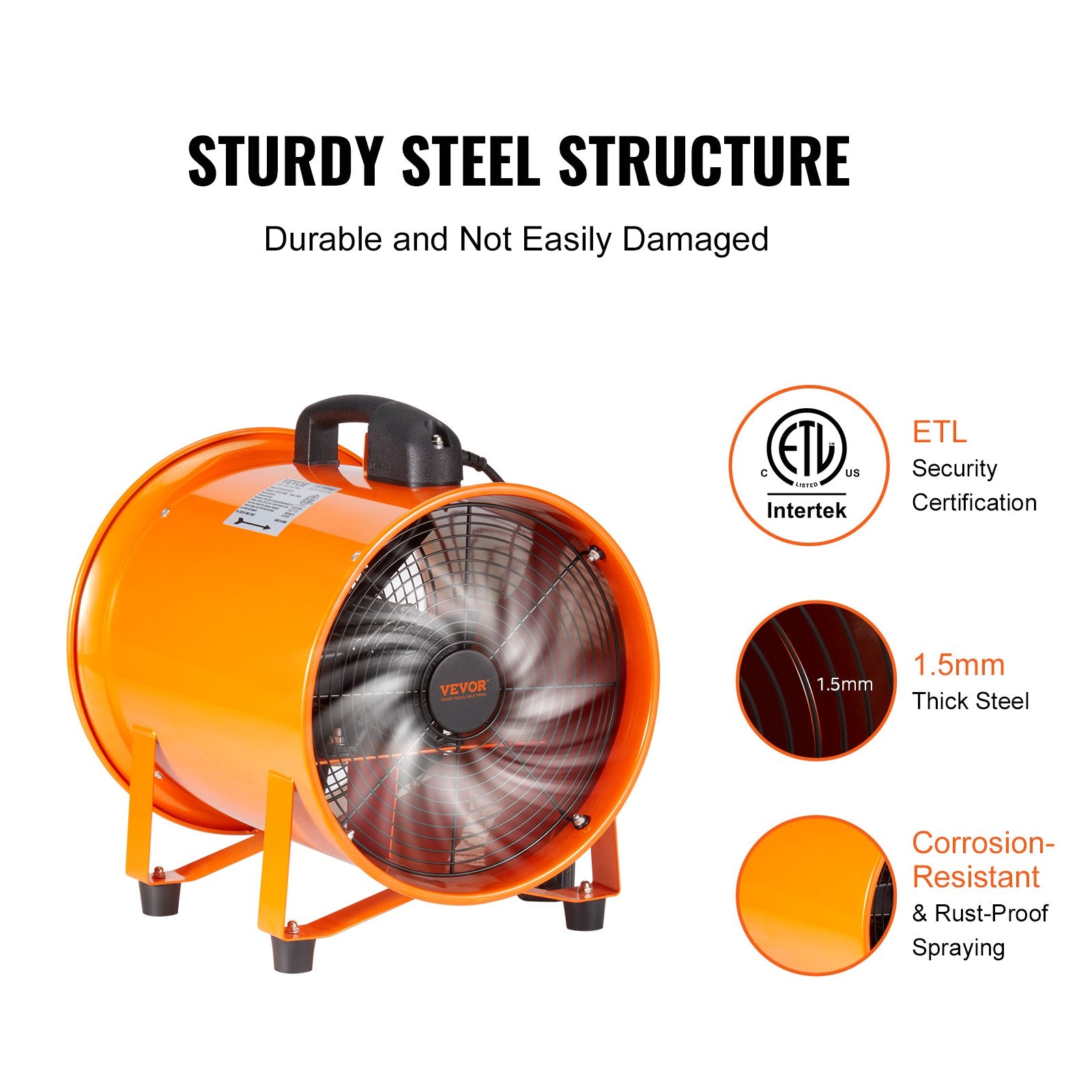 VEVOR Portable Ventilator, 304.8mm/12inch Heavy Duty Cylinder Fan with 10m Duct Hose, 367W Strong Shop Exhaust Blower 2574CFM, Industrial Utility Blower for Sucking Dust, Smoke, Smoke Home/Workplace