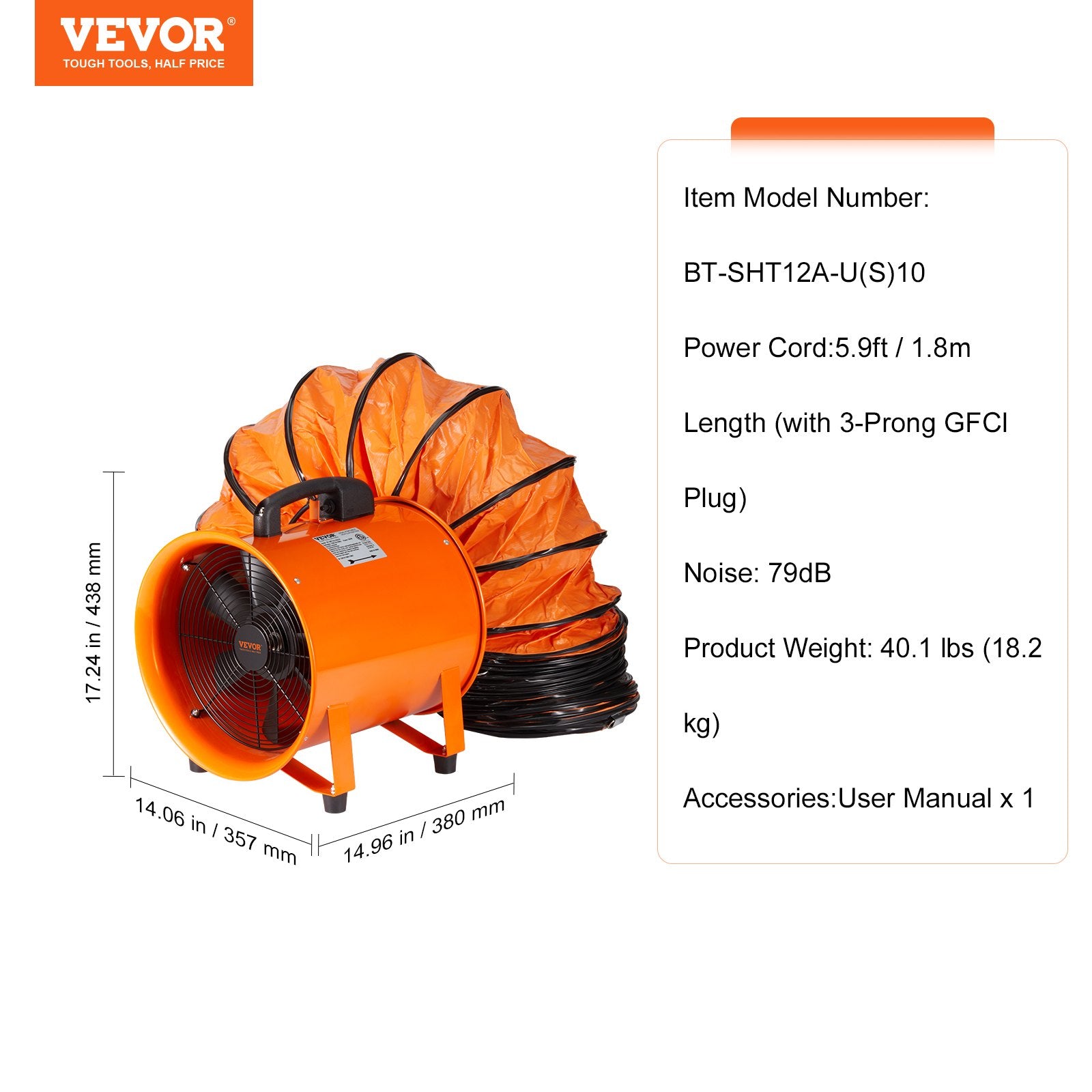 VEVOR Portable Ventilator, 304.8mm/12inch Heavy Duty Cylinder Fan with 10m Duct Hose, 367W Strong Shop Exhaust Blower 2574CFM, Industrial Utility Blower for Sucking Dust, Smoke, Smoke Home/Workplace 6
