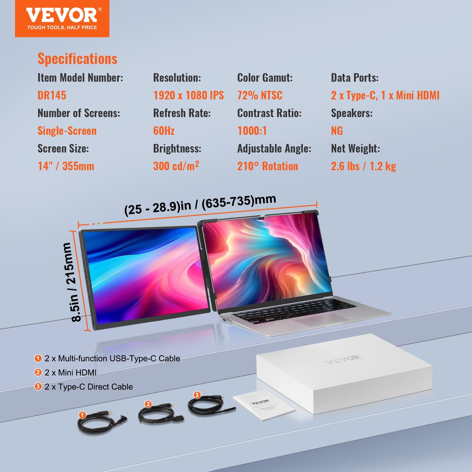 VEVOR Laptop Screen Extender 14in HD 1080P Portable Monitor for 13"-17" Laptop 6