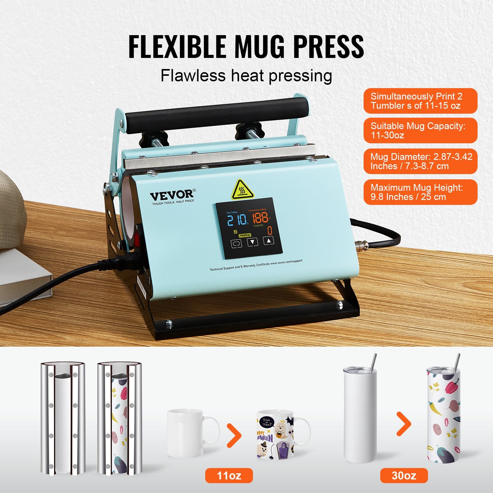 VEVOR 2 in 1 Tumbler and Hat Heat Press Machine Heat Machine for Caps Hats Mugs 4