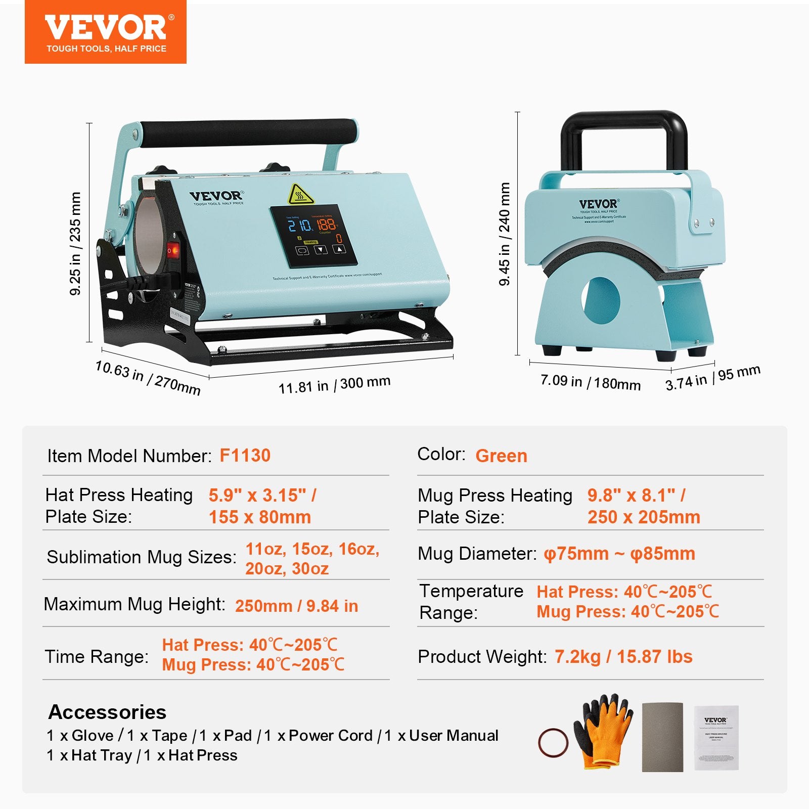 VEVOR 2 in 1 Tumbler and Hat Heat Press Machine Heat Machine for Caps Hats Mugs 6
