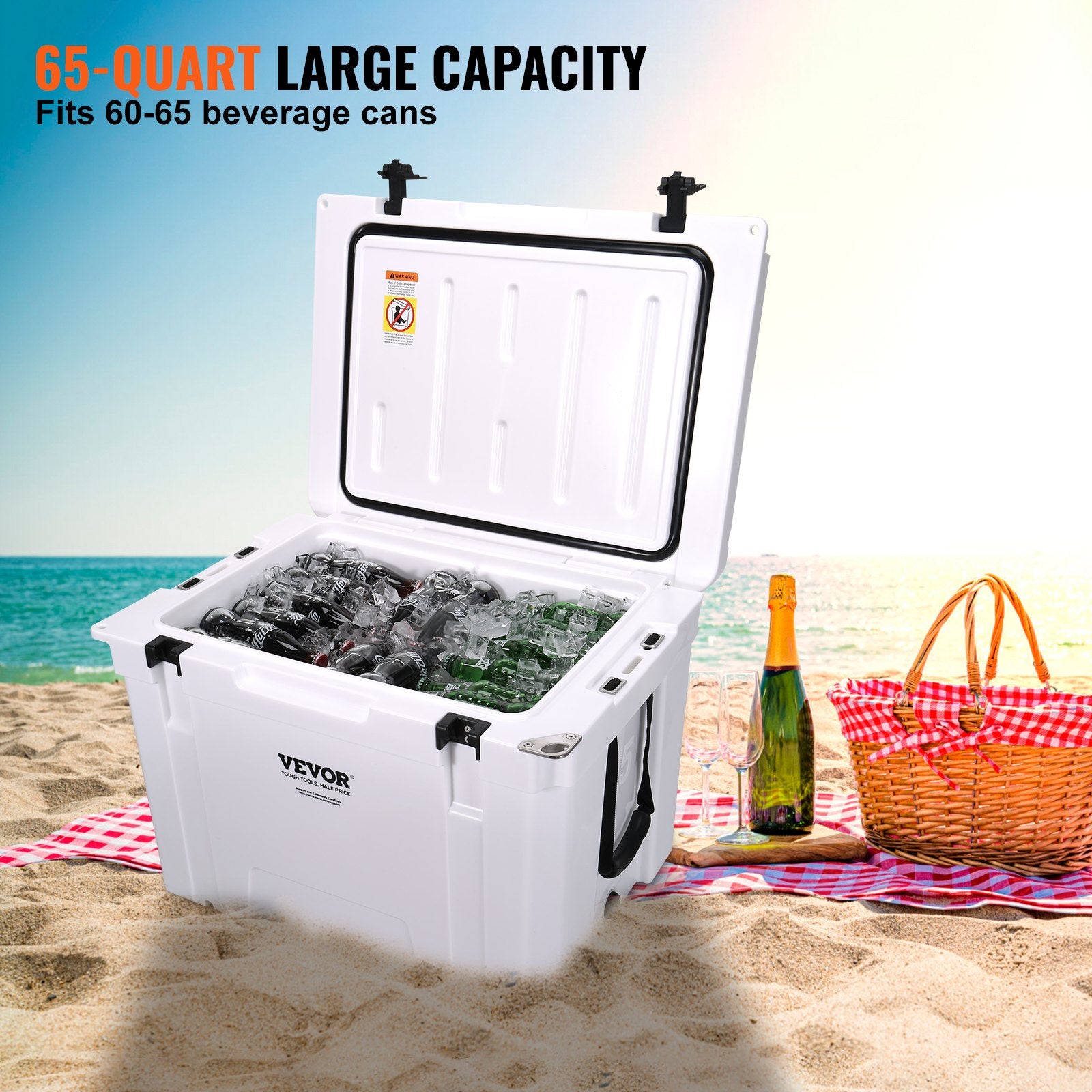 VEVOR Insulated Portable Cooler, 65 qt, Holds 65 Cans, Ice Retention Hard Cooler with Heavy Duty Handle, Ice Chest Lunch Box for Camping, Beach, Picnic, Travel, Outdoor, Keeps Ice for up to 6 Days 3