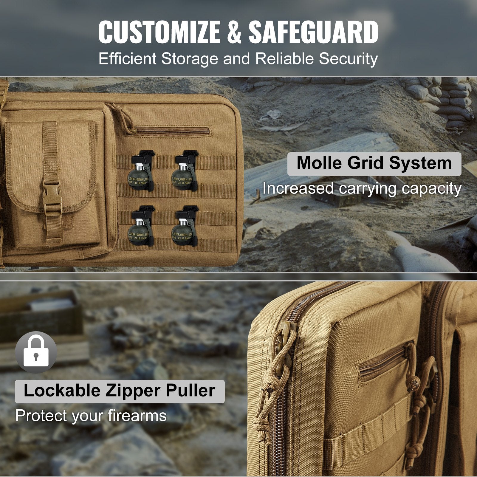 VEVOR Rifle Bag, 36 inch Tactical Double Long Gun Bag, Soft Rifle Case with Lockable Zipper, Portable Handle & Shoulder Strap, 3 Large Storage Pockets Rifle Case for Two 34" Rifles & 2 Pistols, Brown 3