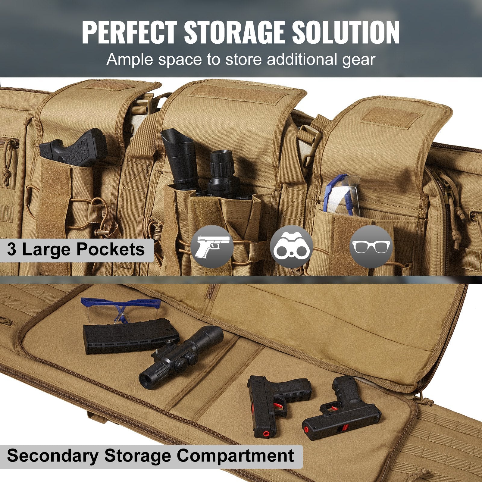VEVOR Rifle Bag, 36 inch Tactical Double Long Gun Bag, Soft Rifle Case with Lockable Zipper, Portable Handle & Shoulder Strap, 3 Large Storage Pockets Rifle Case for Two 34" Rifles & 2 Pistols, Brown 4