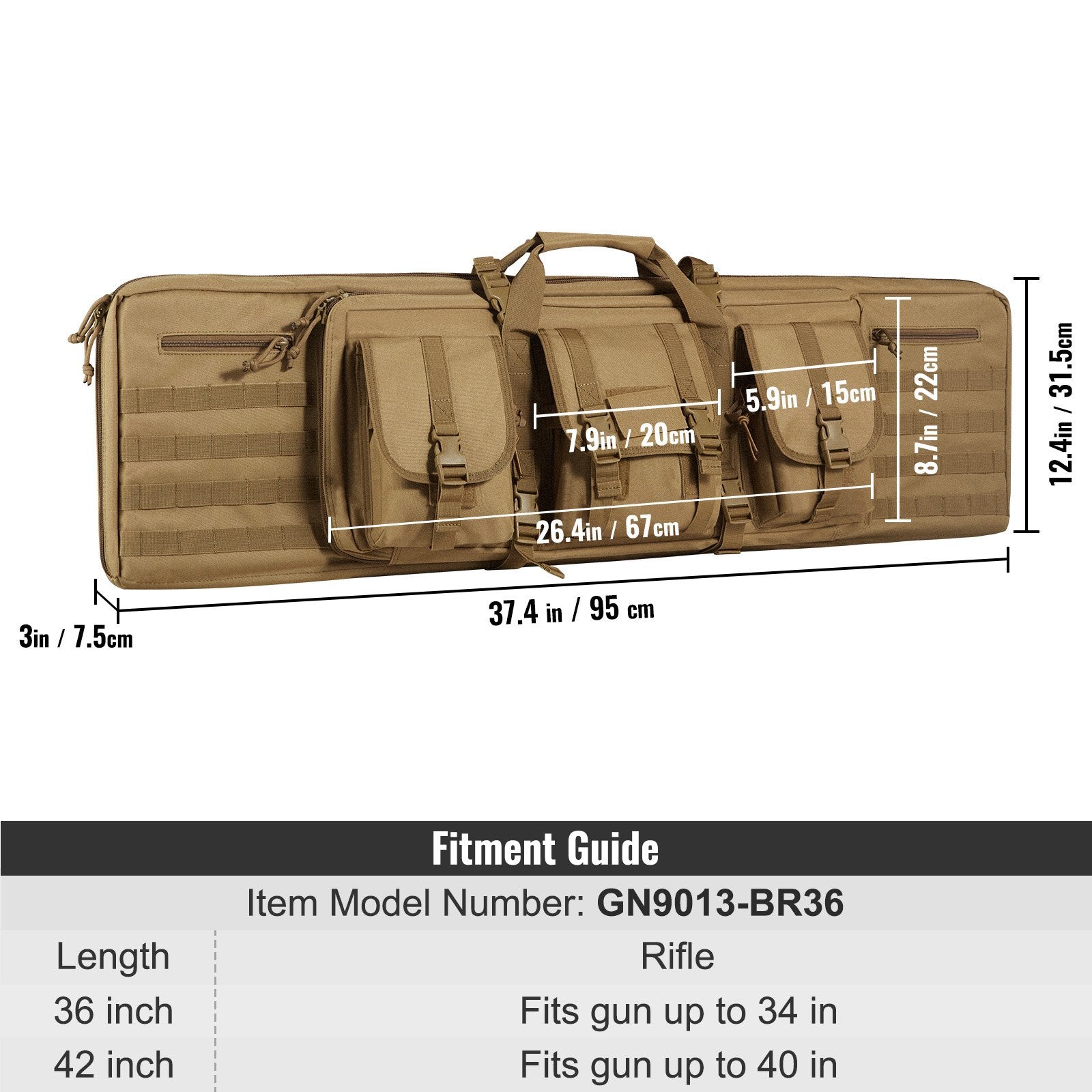 VEVOR Rifle Bag, 36 inch Tactical Double Long Gun Bag, Soft Rifle Case with Lockable Zipper, Portable Handle & Shoulder Strap, 3 Large Storage Pockets Rifle Case for Two 34" Rifles & 2 Pistols, Brown 7