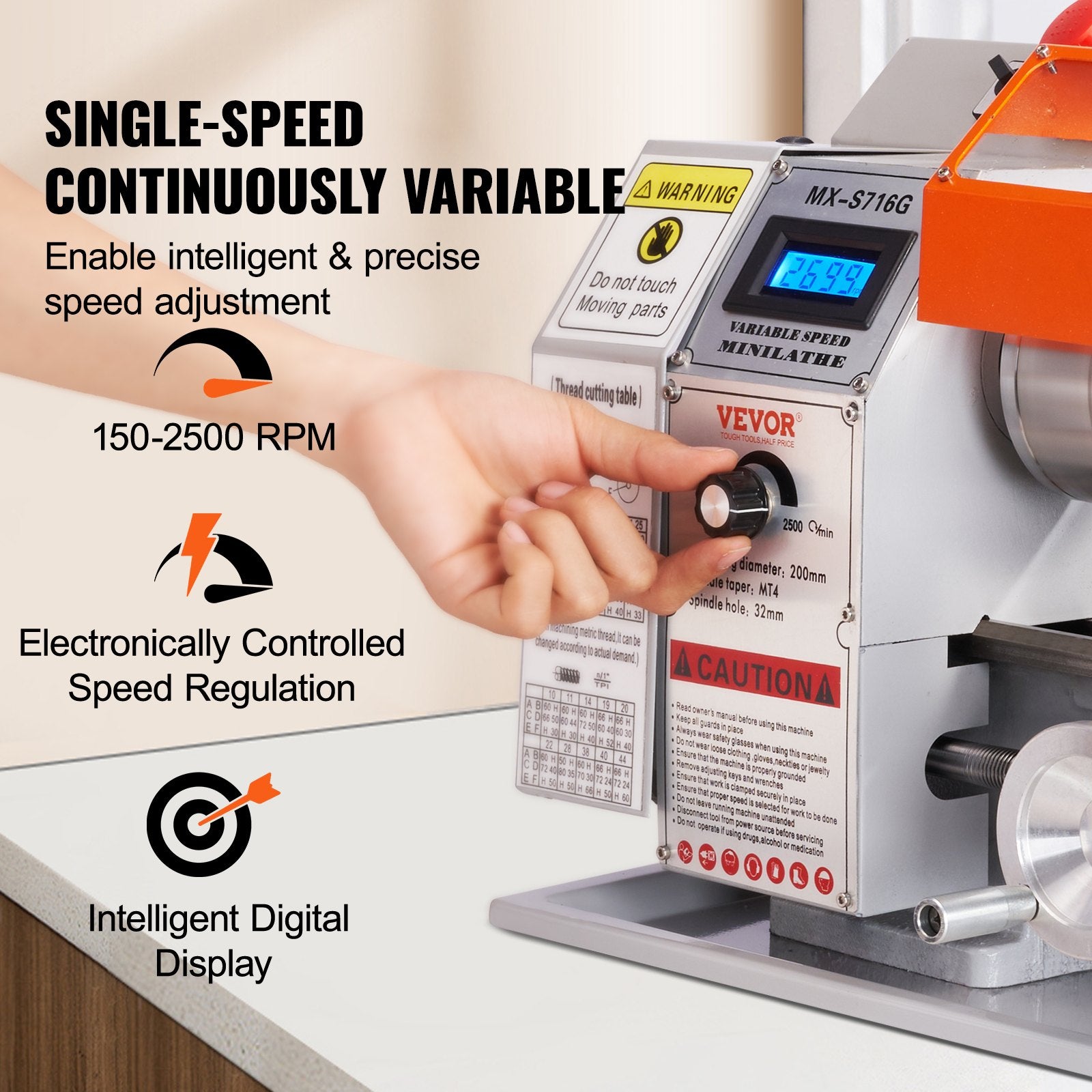VEVOR Mini Metal Lathe Machine, 180 x 400 mm, 800W Precision Benchtop Power Metal Lathe, 150-2500 RPM Continuously Variable Speed, with 3-jaw Metal Chuck Tool Box for Processing Precision Parts 4