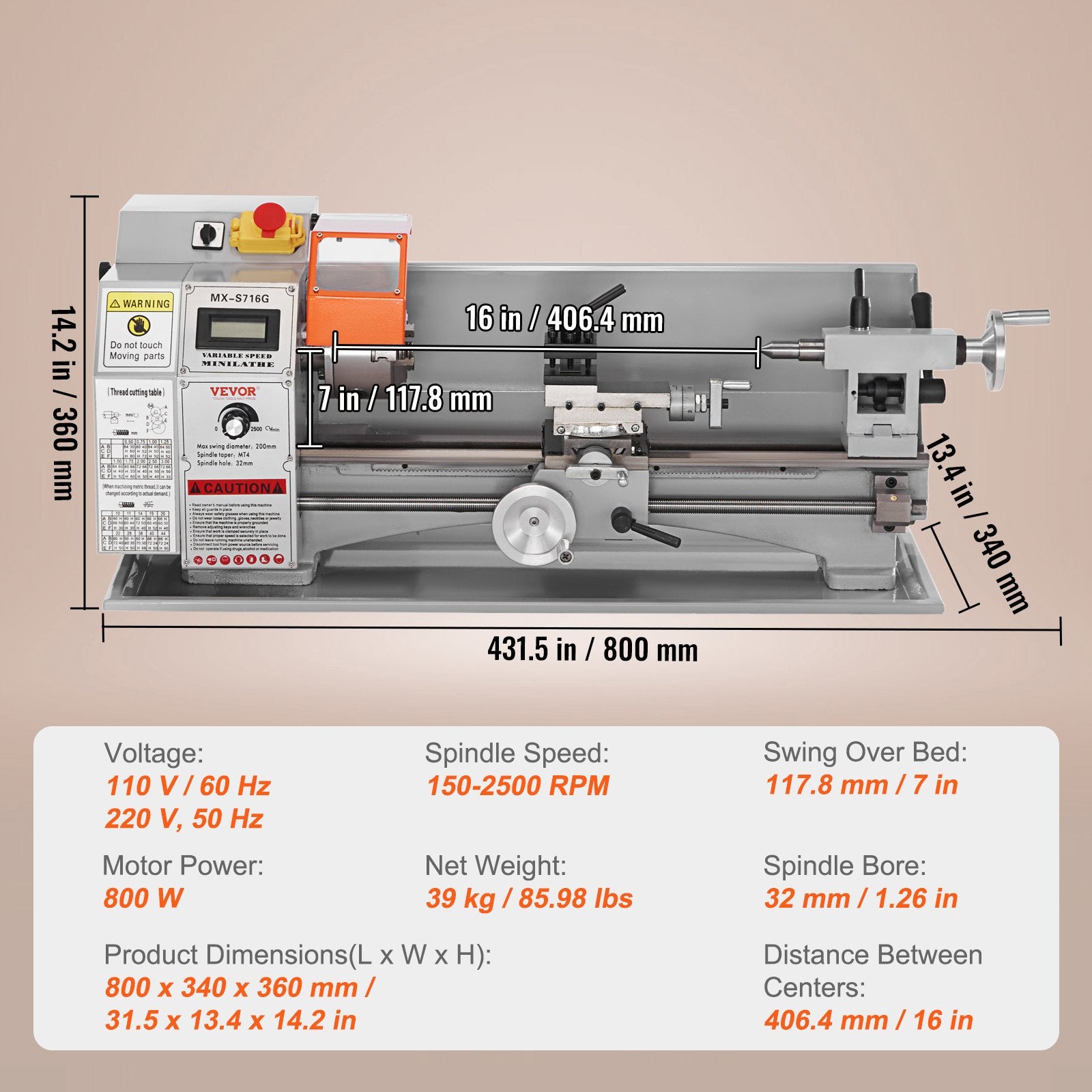 VEVOR Mini Metal Lathe Machine, 180 x 400 mm, 800W Precision Benchtop Power Metal Lathe, 150-2500 RPM Continuously Variable Speed, with 3-jaw Metal Chuck Tool Box for Processing Precision Parts 7