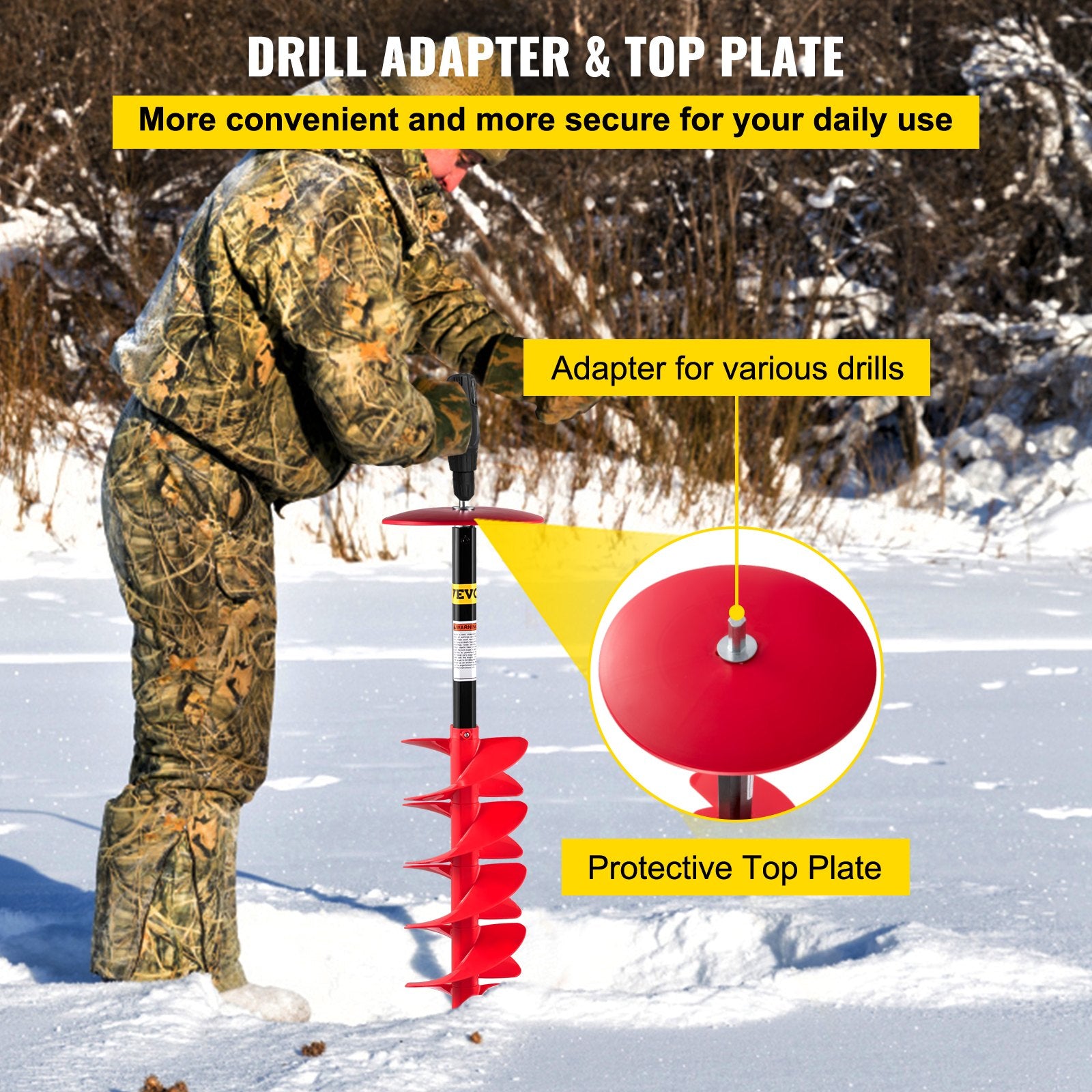 VEVOR Ice Drill Auger, 8\" Diameter Nylon Ice Auger, 39\" Length Ice Auger Bit,Auger Drill with 11.8\" Extension Rod,Auger Bit with Drill Adapter,Top Plate & Blade Guard for Ice Fishing Ice Burrowing 5