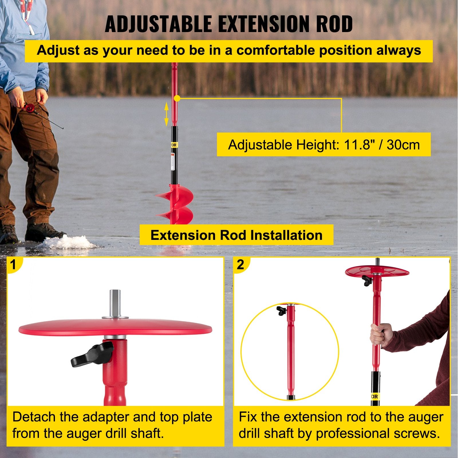 VEVOR Ice Drill Auger, 8\" Diameter Nylon Ice Auger, 39\" Length Ice Auger Bit,Auger Drill with 11.8\" Extension Rod,Auger Bit with Drill Adapter,Top Plate & Blade Guard for Ice Fishing Ice Burrowing 6