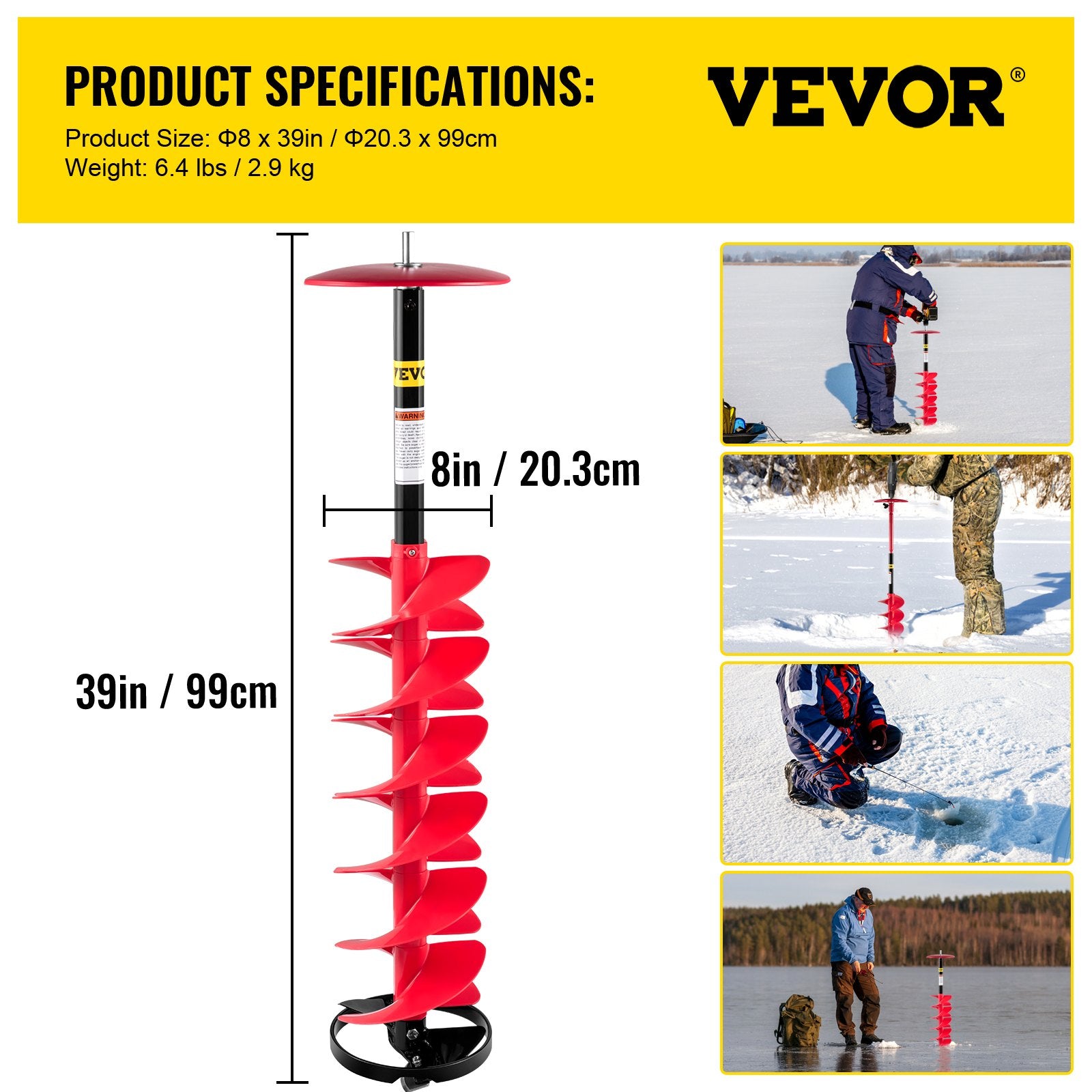 VEVOR Ice Drill Auger, 8\" Diameter Nylon Ice Auger, 39\" Length Ice Auger Bit,Auger Drill with 11.8\" Extension Rod,Auger Bit with Drill Adapter,Top Plate & Blade Guard for Ice Fishing Ice Burrowing 7