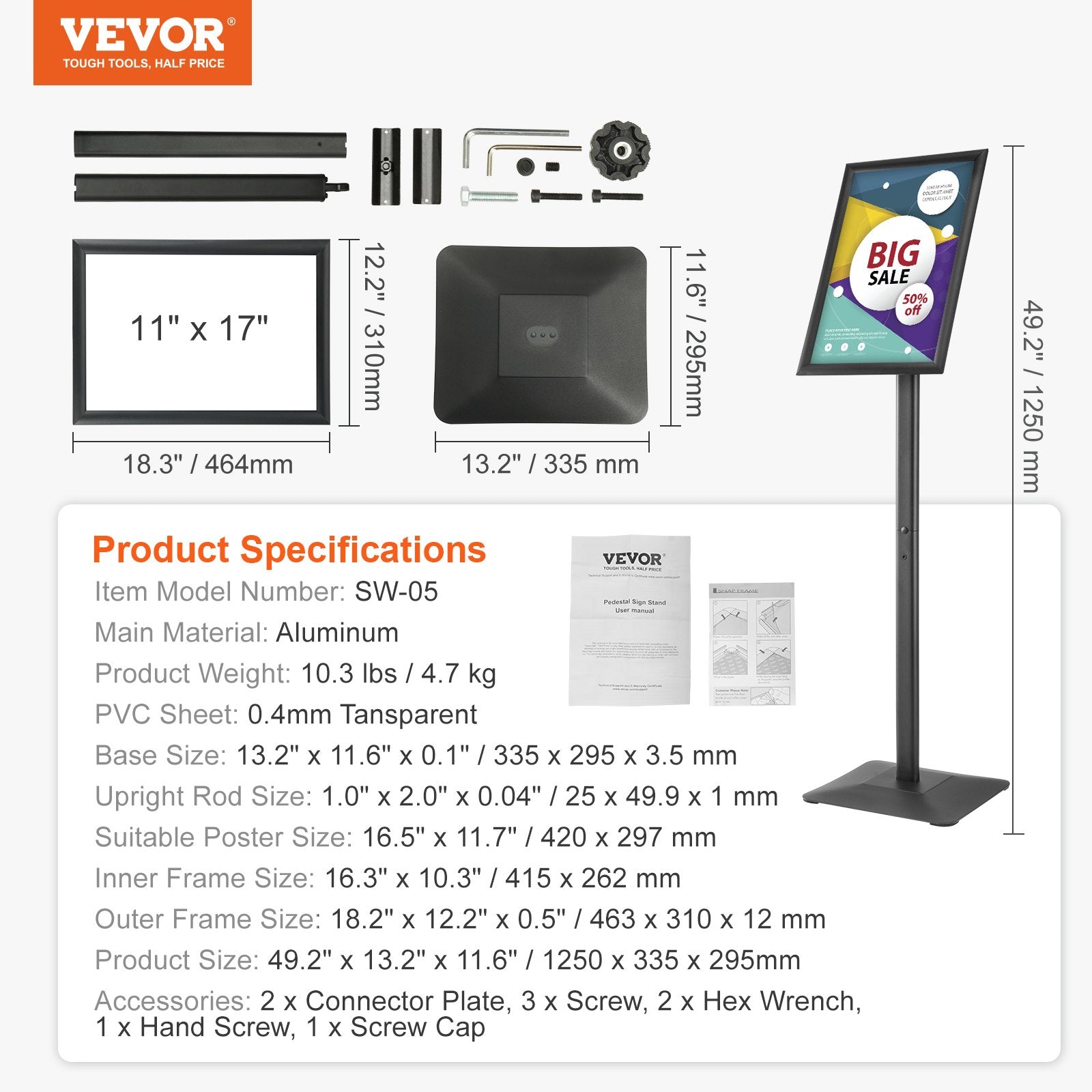 VEVOR Pedestal Sign Holder Adjustable Poster Stand 11 x 17 Inch Metal Base 7