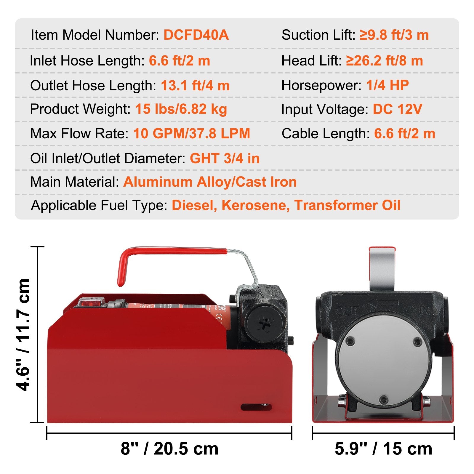 VEVOR Fuel Transfer Pump, 12V DC, 10 GPM, 8 m Lift, Portable Electric Diesel Transfer Extractor Pump Kit with Automatic Shut-off Nozzle, Delivery & Suction Hose for Diesel, Kerosene, Transformer Oil 6