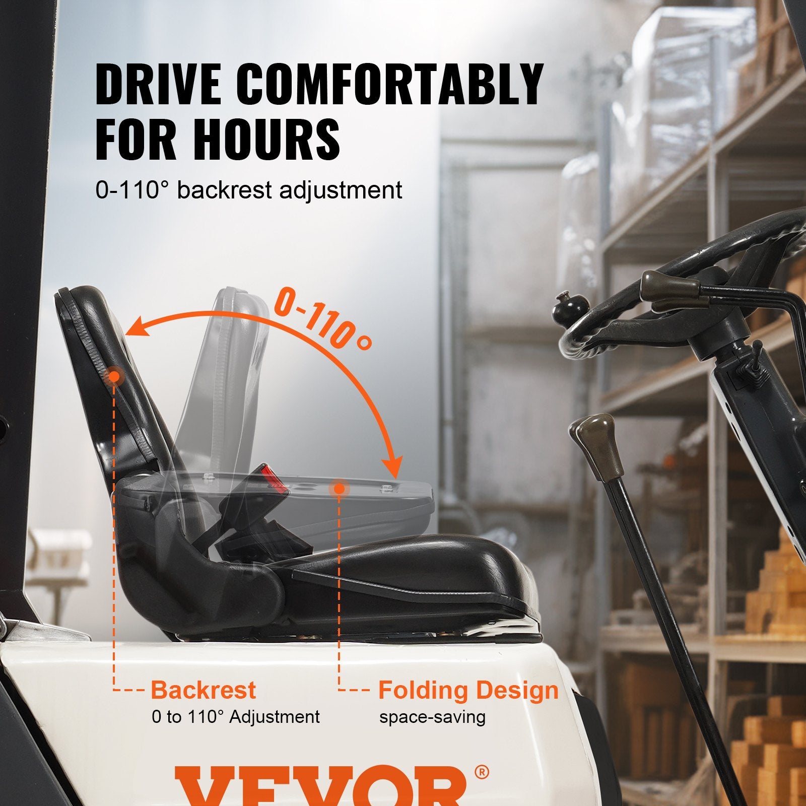 VEVOR Universal Forklift Seat, Fold Down Tractor Seat with Adjustable Angle Back, Micro Switch and Retractable Seatbelt, 16-34 cm Slot Forklift Seat for Tractor Loader Excavator 3