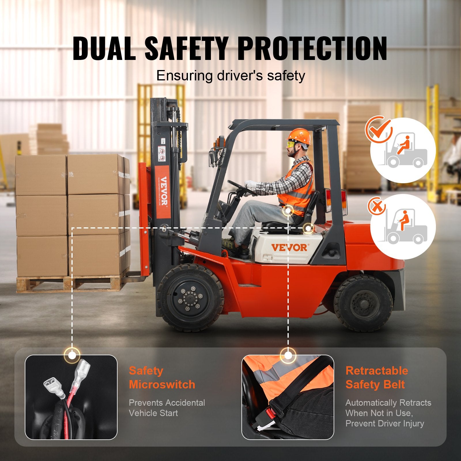 VEVOR Universal Forklift Seat, Fold Down Tractor Seat with Adjustable Angle Back, Micro Switch and Retractable Seatbelt, 16-34 cm Slot Forklift Seat for Tractor Loader Excavator 4