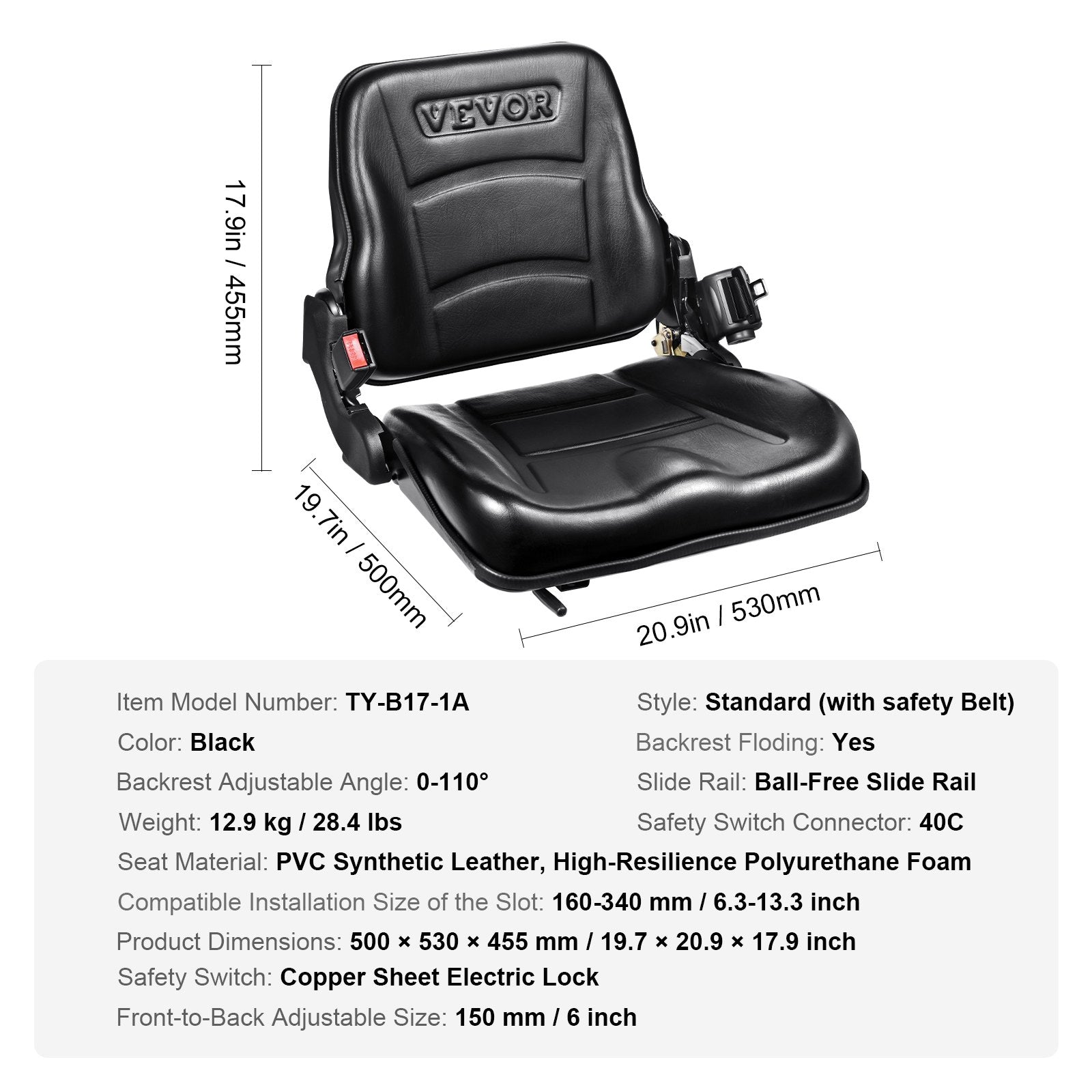 VEVOR Universal Forklift Seat, Fold Down Tractor Seat with Adjustable Angle Back, Micro Switch and Retractable Seatbelt, 16-34 cm Slot Forklift Seat for Tractor Loader Excavator 6
