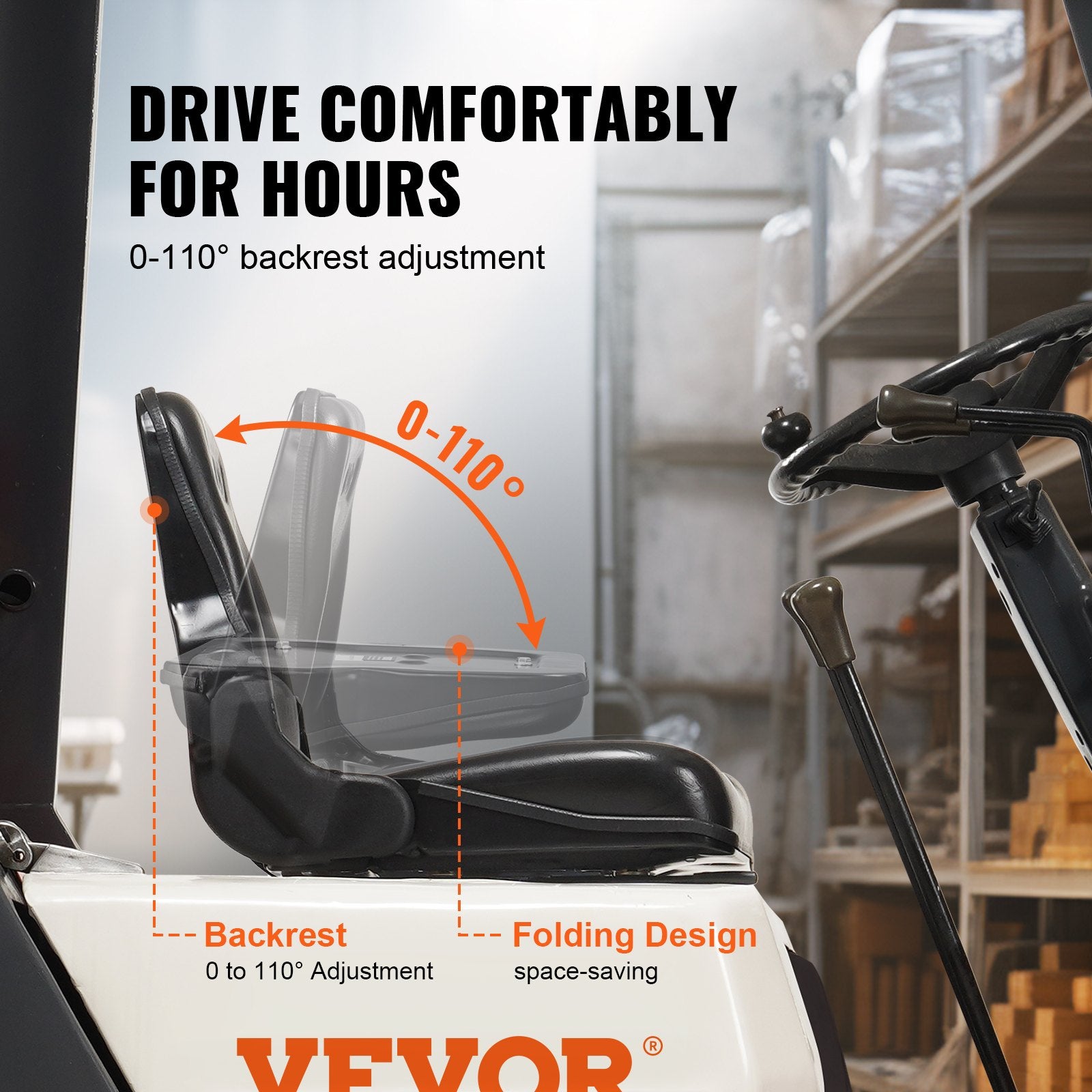 VEVOR Universal Forklift Seat, Fold Down Tractor Seat with Adjustable Angle Back and Micro Switch, 16-34 cm Extended Slot Comfortable Forklift Seat for Tractor Loader Excavator 3