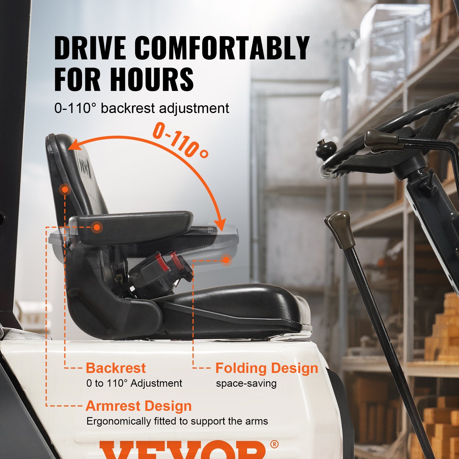 VEVOR Universal Forklift Seat, Fold Down Tractor Seat with Adjustable Angle Back, Micro Switch, Seatbelt and Armrests, 16-34 cm Slot Tractor Seat for Tractor Loader Excavator 3