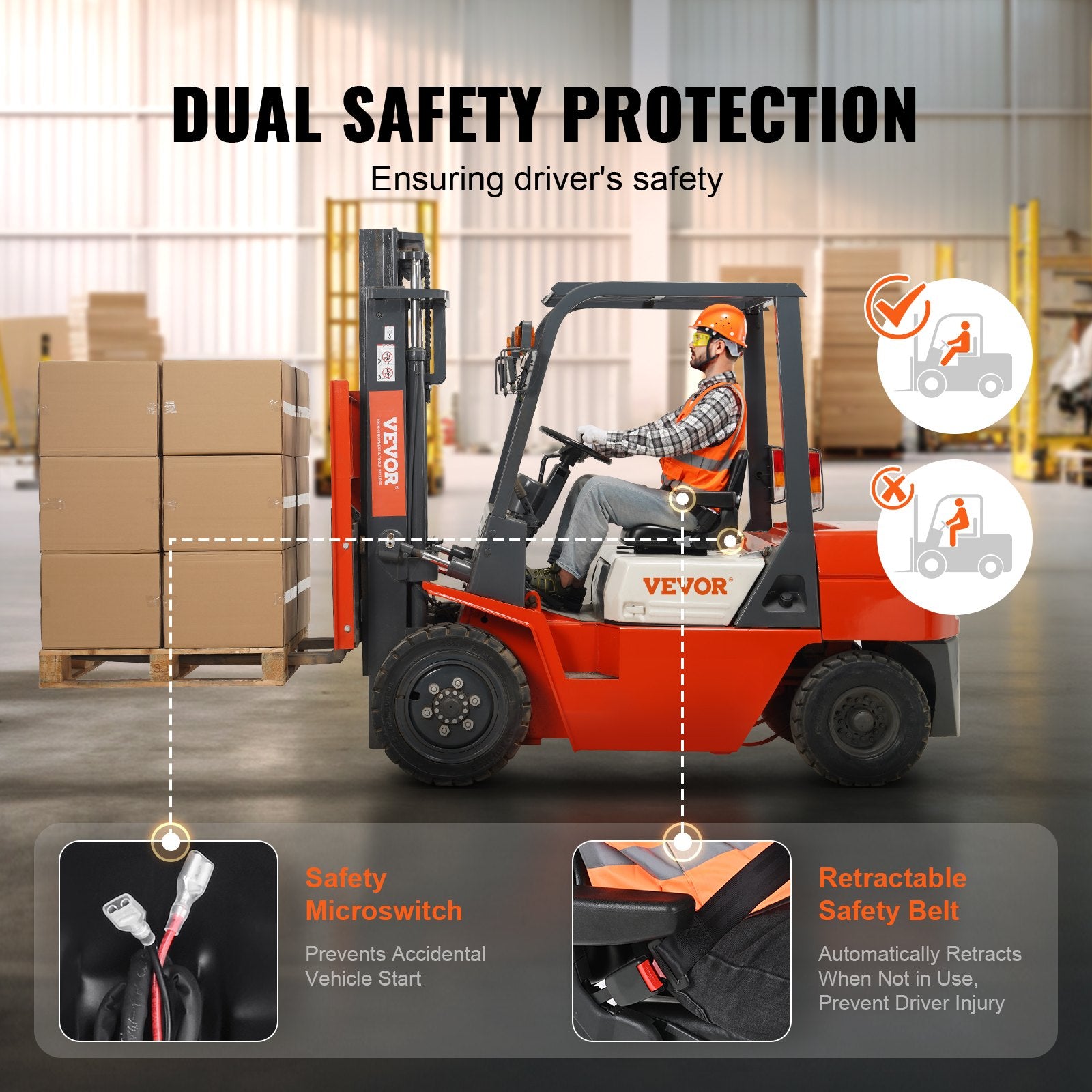 VEVOR Universal Forklift Seat, Fold Down Tractor Seat with Adjustable Angle Back, Micro Switch, Seatbelt and Armrests, 16-34 cm Slot Tractor Seat for Tractor Loader Excavator 4