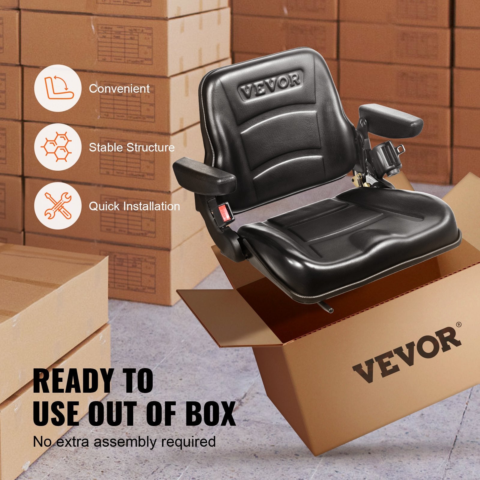 VEVOR Universal Forklift Seat, Fold Down Tractor Seat with Adjustable Angle Back, Micro Switch, Seatbelt and Armrests, 16-34 cm Slot Tractor Seat for Tractor Loader Excavator 6