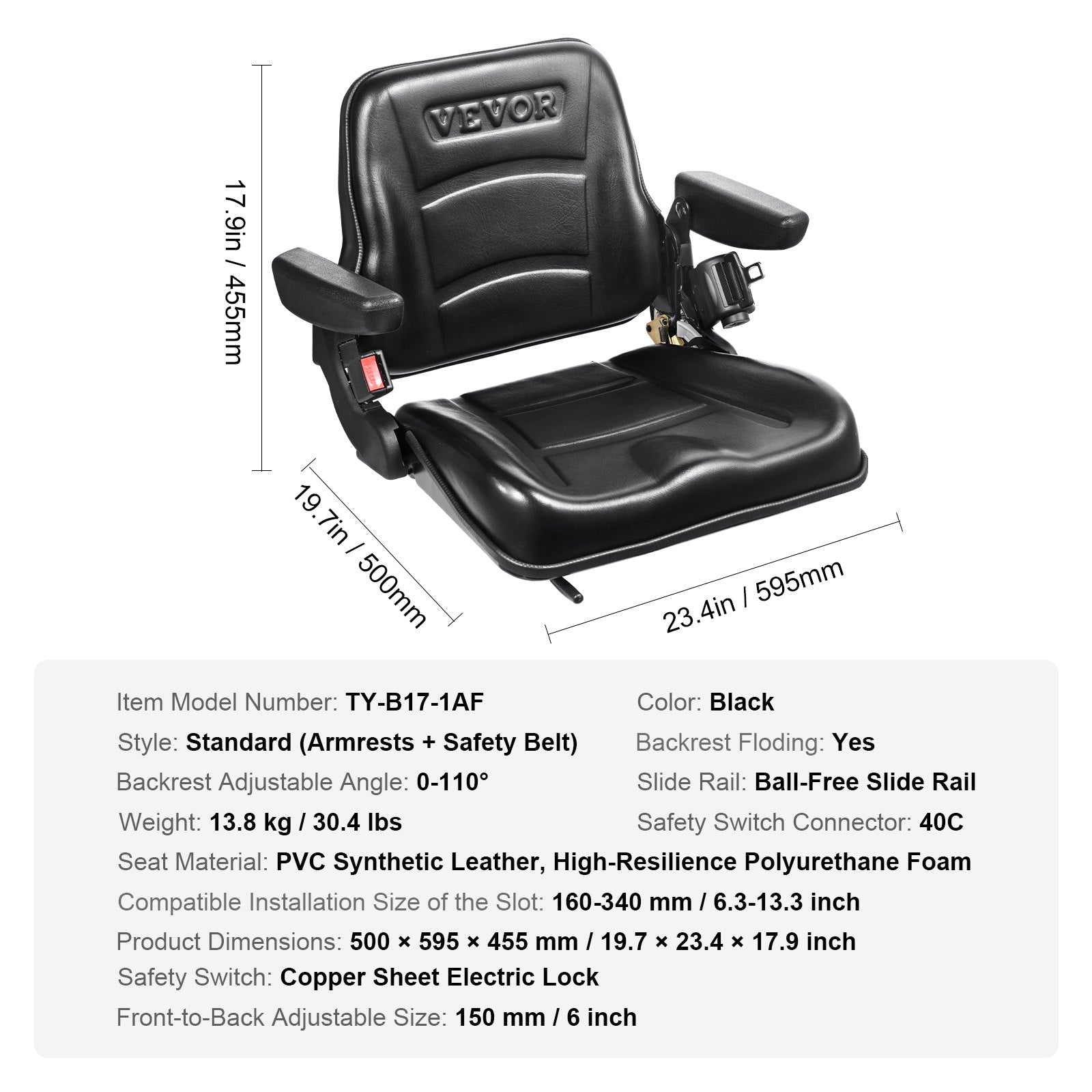 VEVOR Universal Forklift Seat, Fold Down Tractor Seat with Adjustable Angle Back, Micro Switch, Seatbelt and Armrests, 16-34 cm Slot Tractor Seat for Tractor Loader Excavator 7