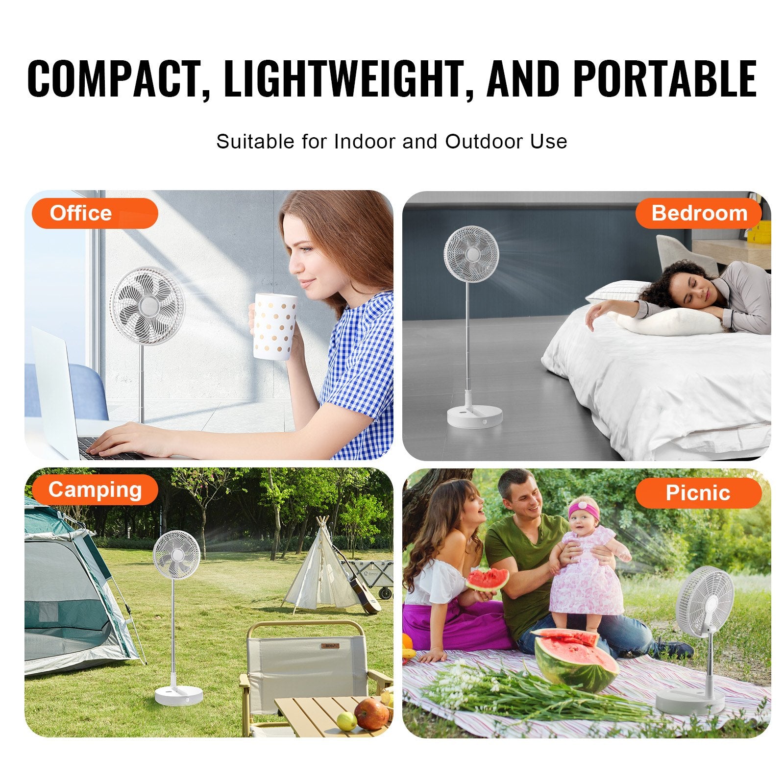 VEVOR 12 Inch Foldable Oscillating Standing Fan with Remote Control, 4 Speed Adjustable Portable Desk Quiet Fan, 7200mah Rechargeable USB Small Fan, Folded Rotating Floor Fan for Bedroom Office Travel 4