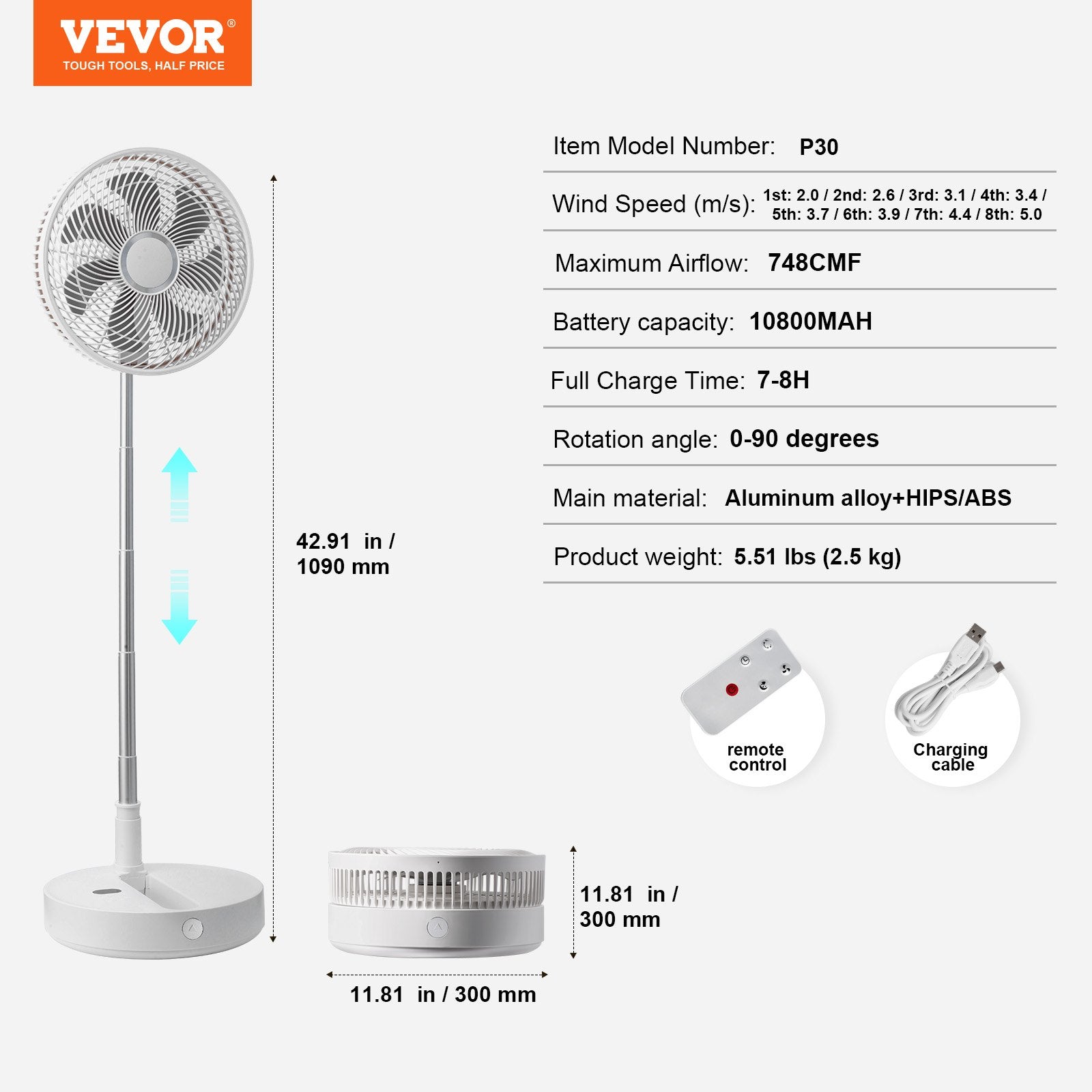 VEVOR 12 Inch Foldable Oscillating Standing Fan with Remote Control, 4 Speed Adjustable Portable Desk Quiet Fan, 7200mah Rechargeable USB Small Fan, Folded Rotating Floor Fan for Bedroom Office Travel 5